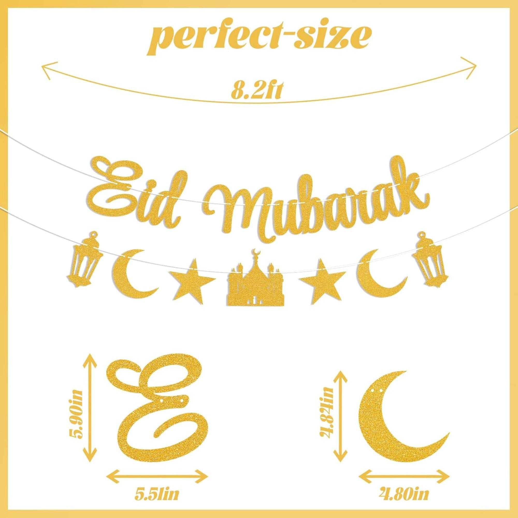 Gold Glitter Eid Mubarak Banner Moon Star Fireplace Party Decorations