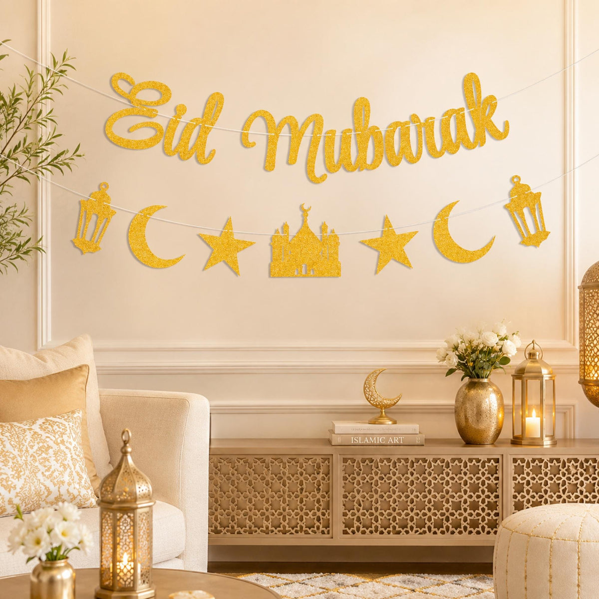 Gold Glitter Eid Mubarak Banner Moon Star Fireplace Party Decorations