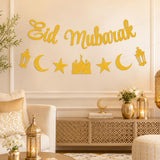 Gold Glitter Eid Mubarak Banner Moon Star Fireplace Party Decorations