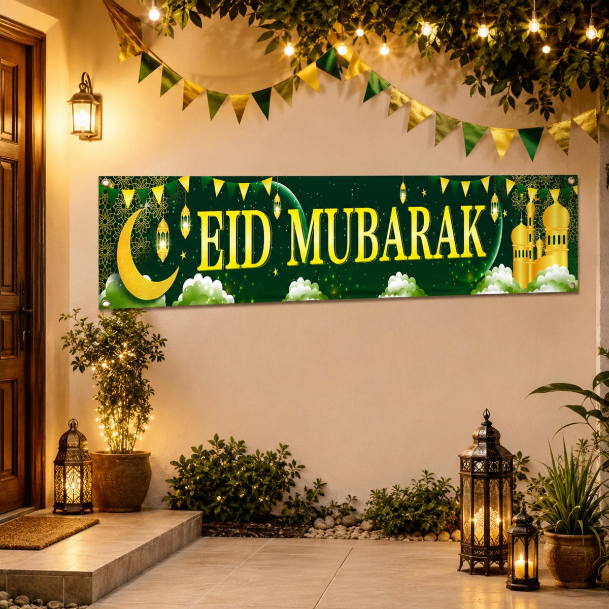 Large Green Eid Mubarak Banner Islamic Outdoor Home Decorations