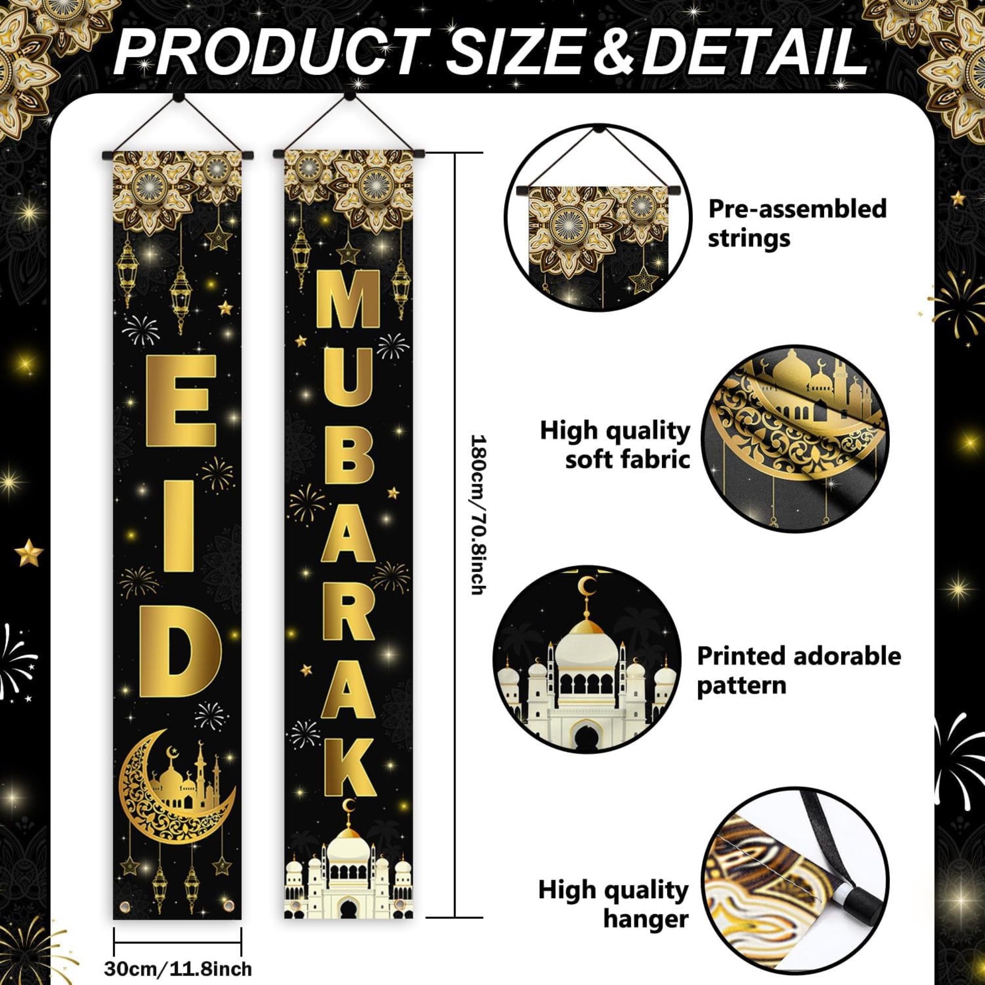 Black Eid Mubarak Porch Sign Banner Islamic Wall Hanging Decorations