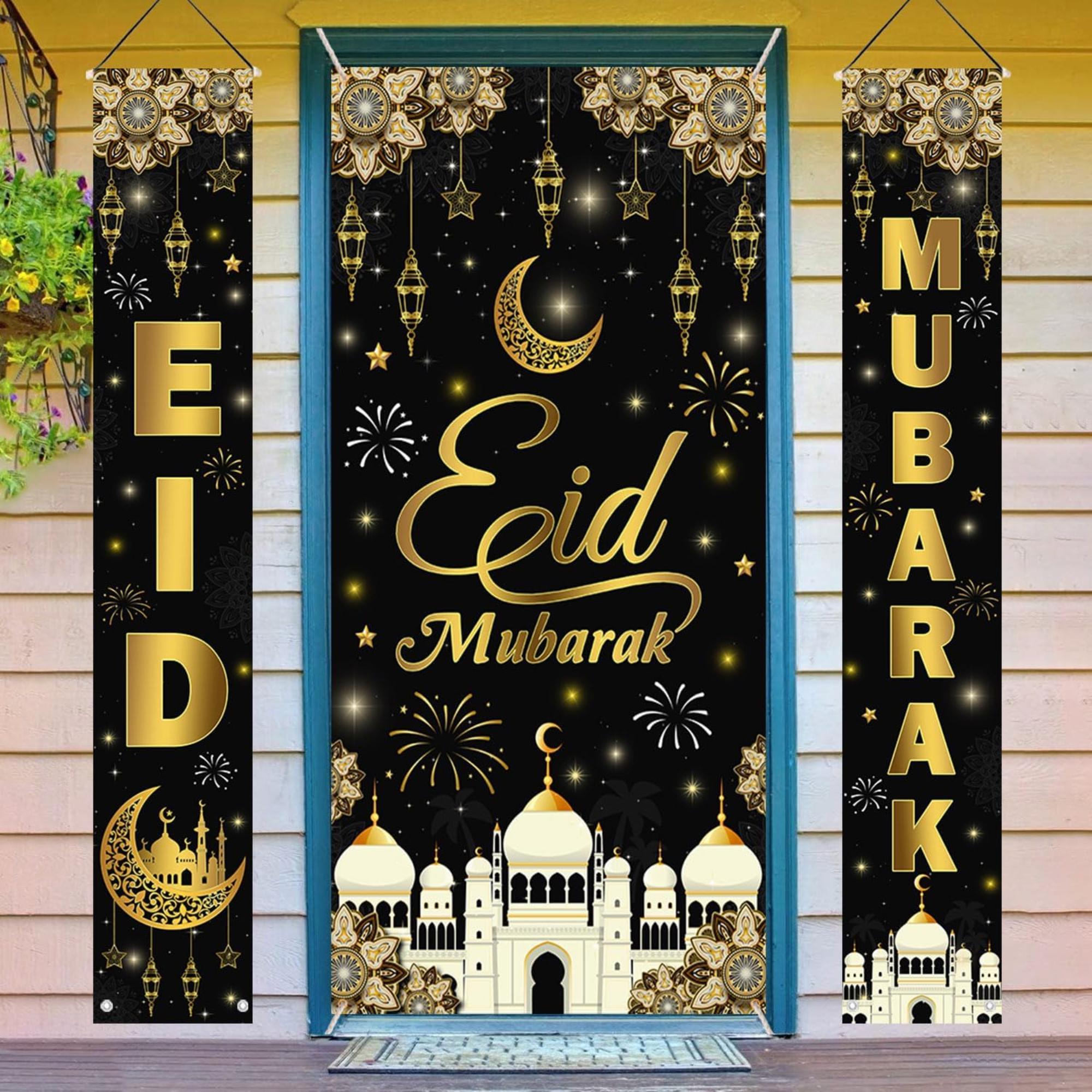 Black Eid Mubarak Porch Sign Banner Islamic Wall Hanging Decorations