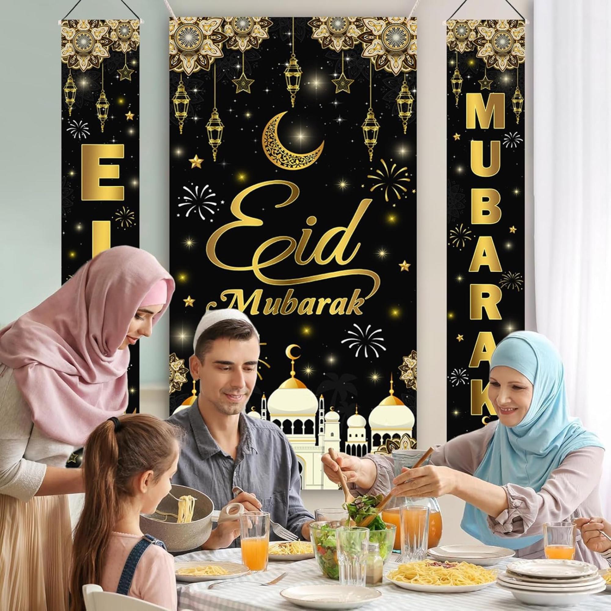 Black Eid Mubarak Porch Sign Banner Islamic Wall Hanging Decorations