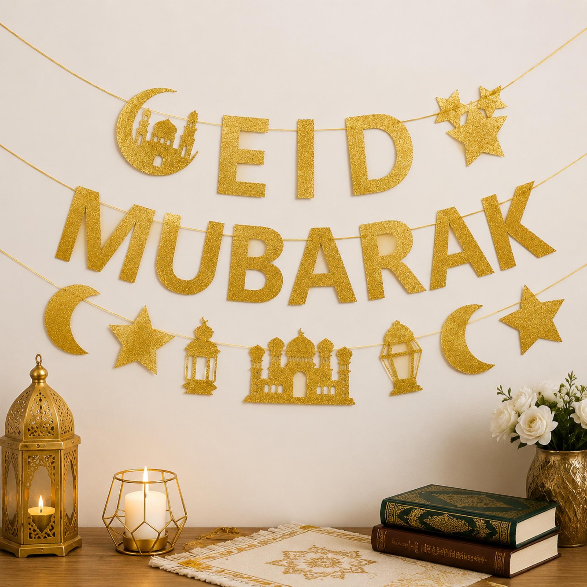 Gold Glitter Eid Mubarak Banner Moon Star Mosque Islamic Decorations
