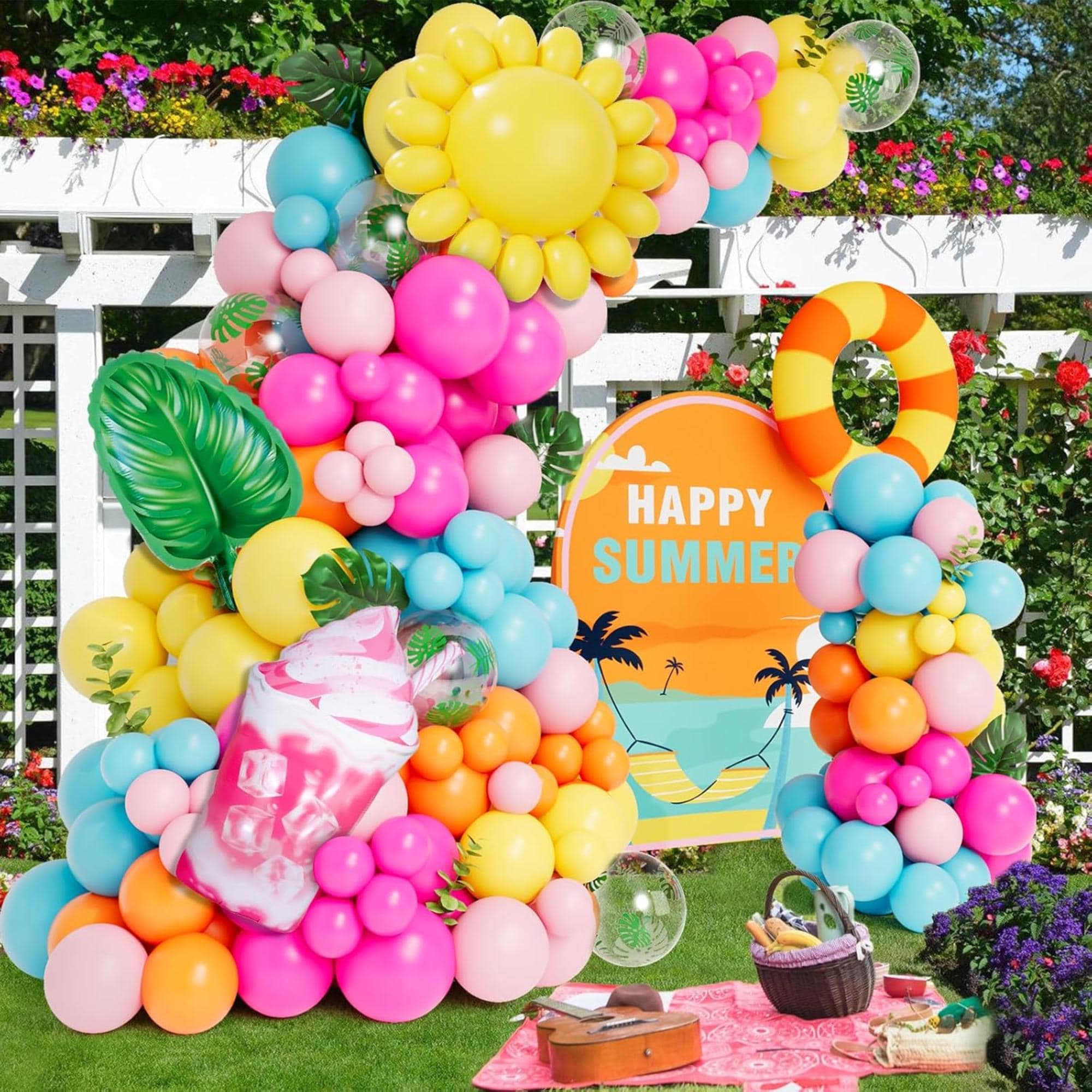 Tropical Balloon Arch Garland Kit: Luau, Summer Party Decor with Palm Leaves