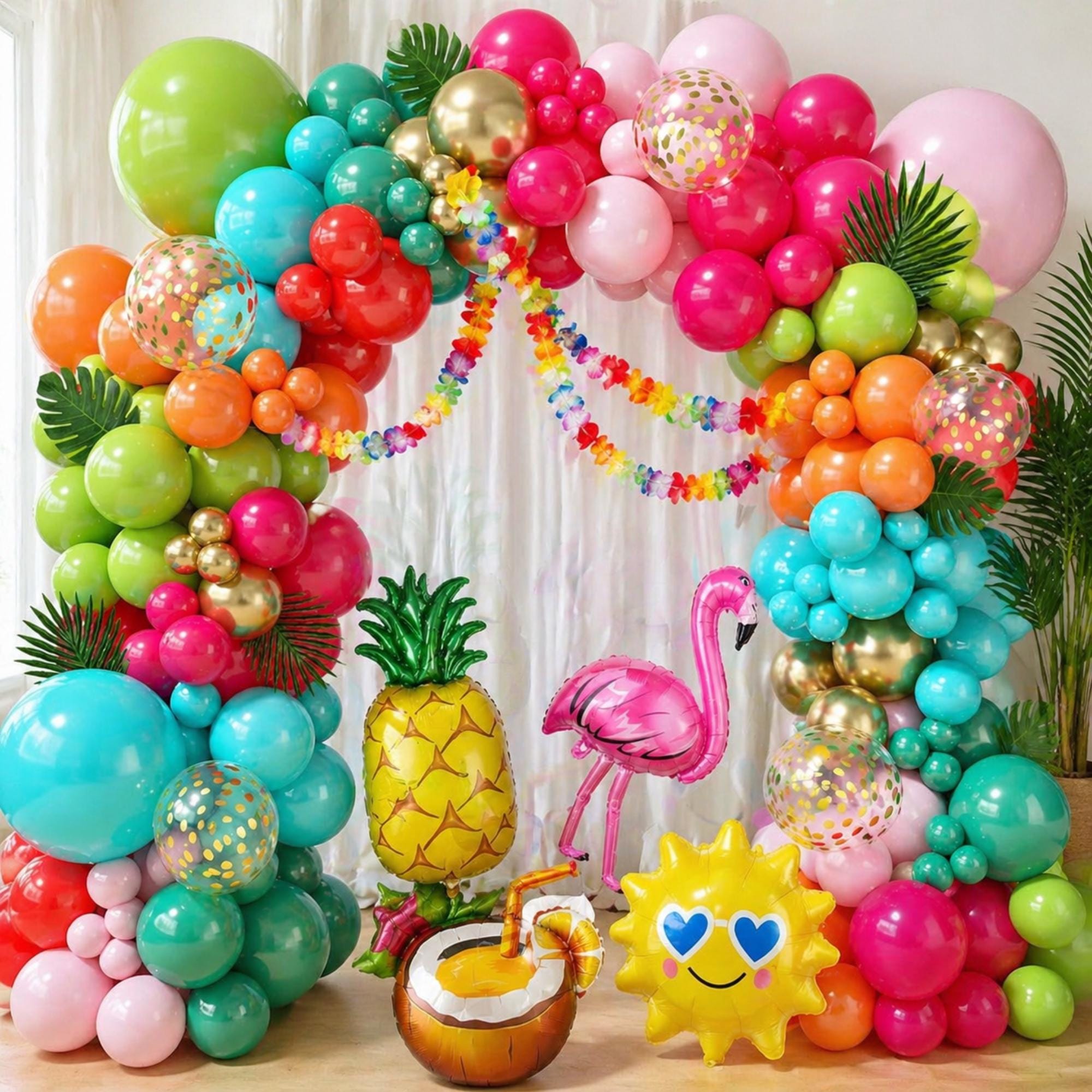 Flamingo Luau Balloon Arch Garland Kit: Hot Pink, Orange, Teal, Gold Foil Balloons