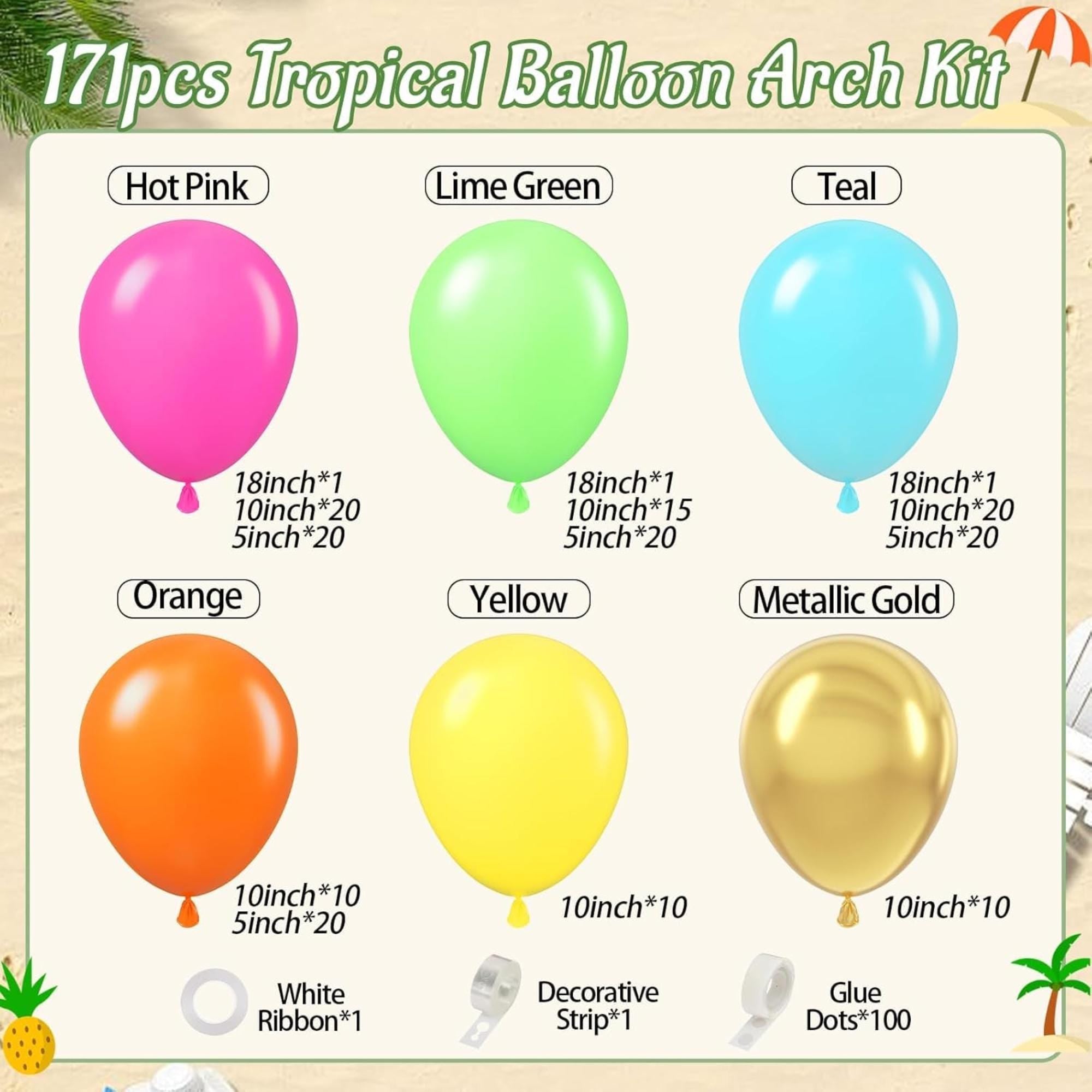 Flamingo Tropical Balloon Arch Garland Kit: Hot Pink, Green, Orange, Teal, Gold Foil Balloons