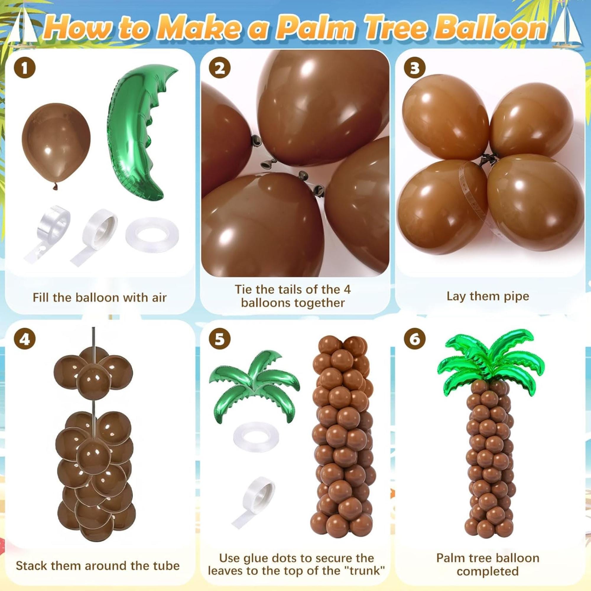 Tropical Luau Balloon Arch Garland Kit, Coconut Tree, Aloha Foil Balloons, Palm Leaves