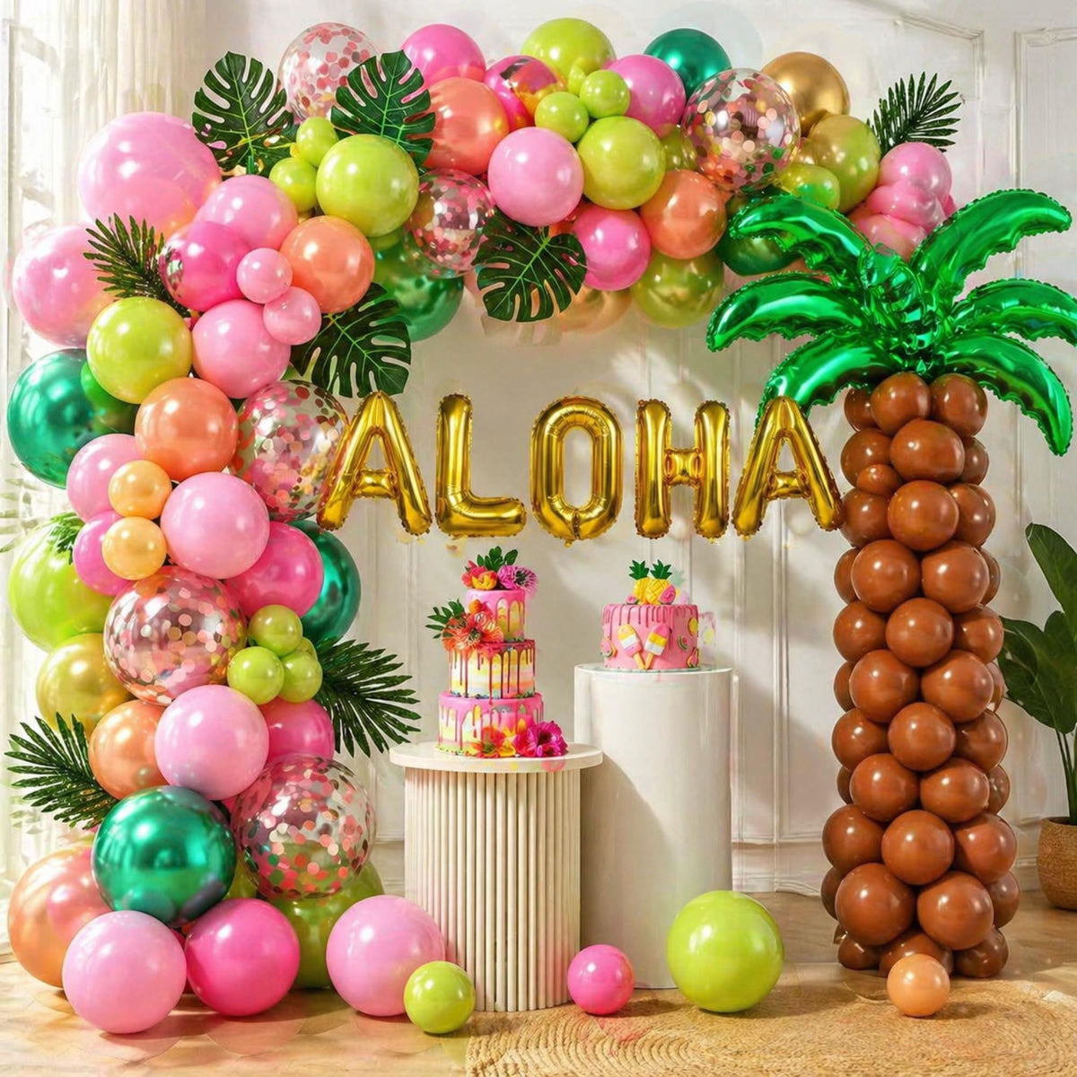 Tropical Luau Balloon Arch Garland Kit, Coconut Tree, Aloha Foil Balloons, Palm Leaves