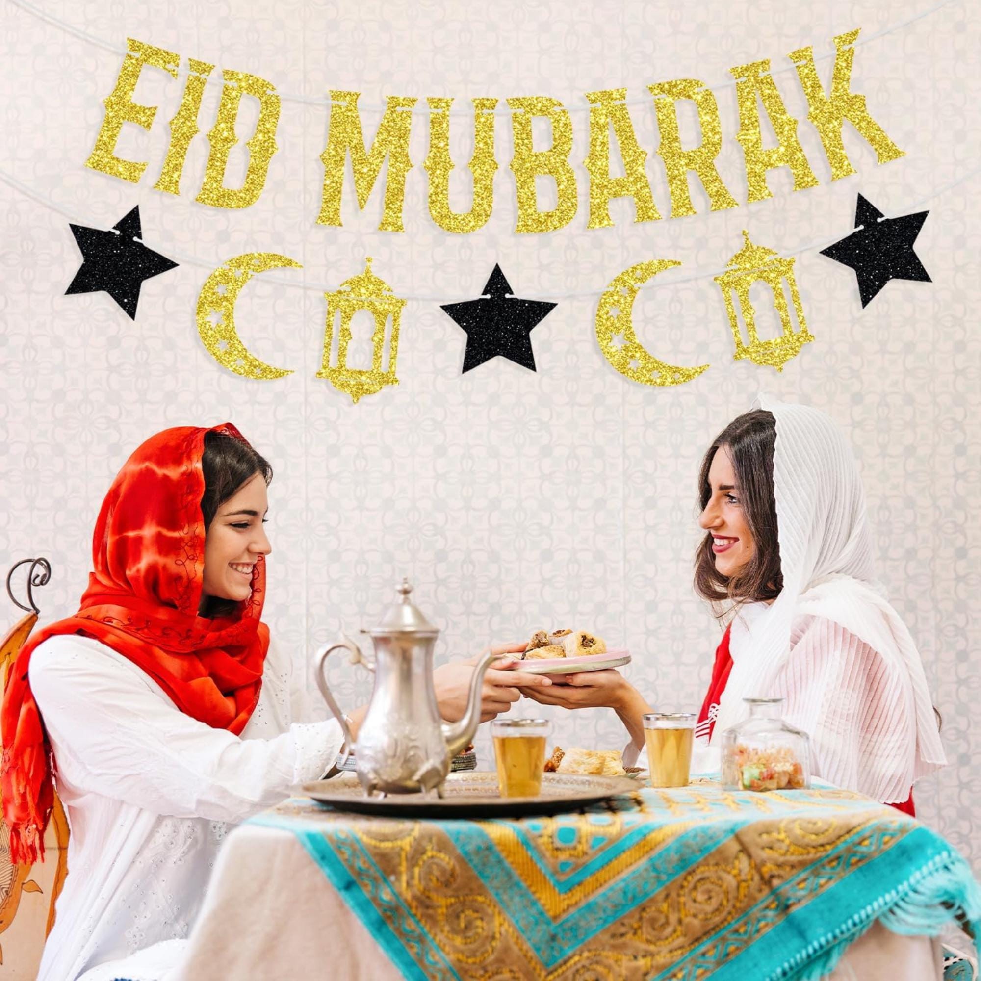 Gold Black Eid Mubarak Banner Islamic Eid Al Adha Party Decorations