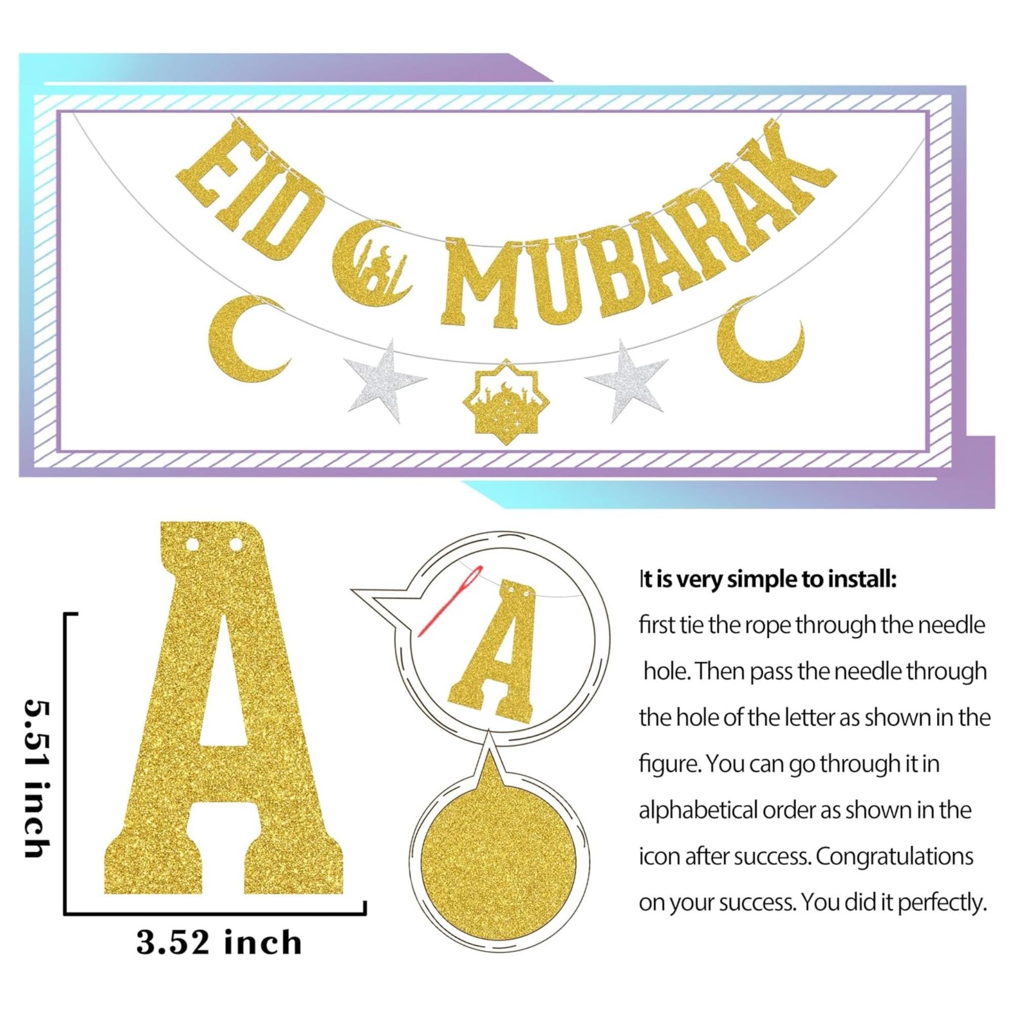 Gold Glitter Eid Mubarak Banner Islamic Festival Party Decorations