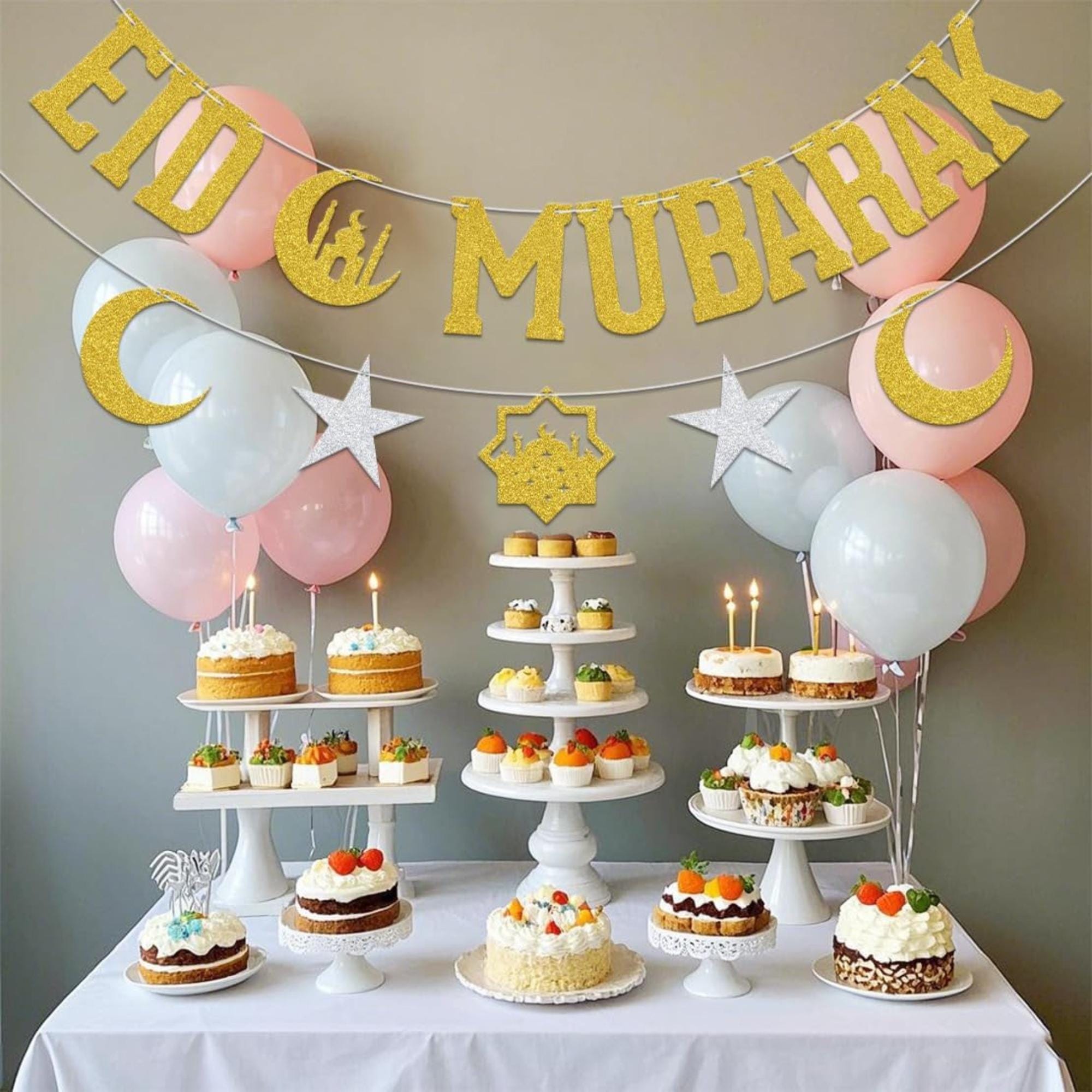 Gold Glitter Eid Mubarak Banner Islamic Festival Party Decorations