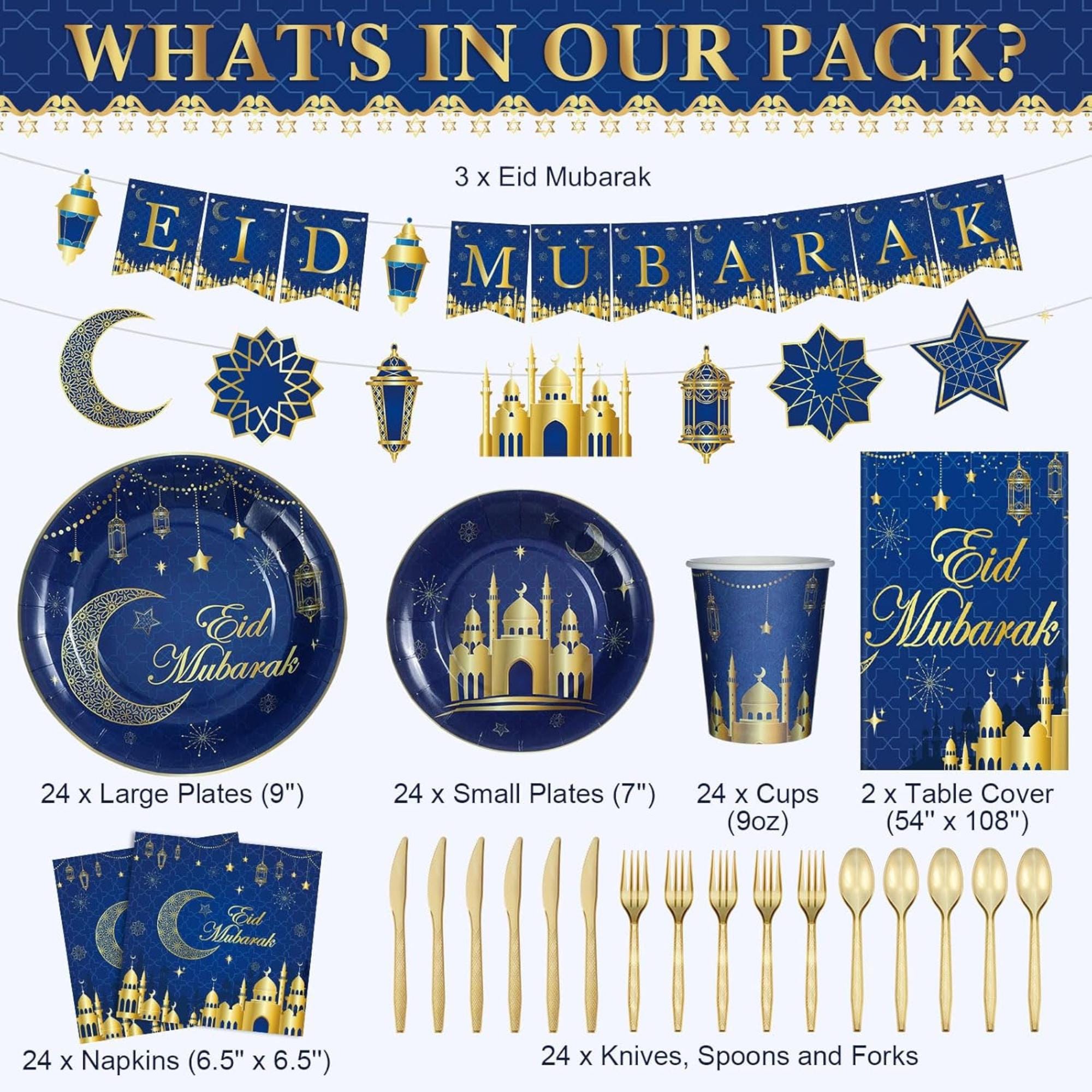 Eid Mubarak Party Supplies Set Plates Cups Banner Islamic Decorations