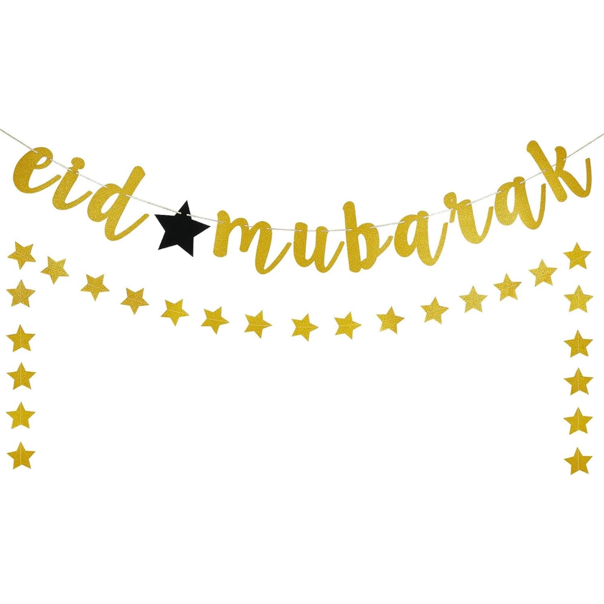 Gold Eid Mubarak Banner with Star Garland - Islamic Party Decor
