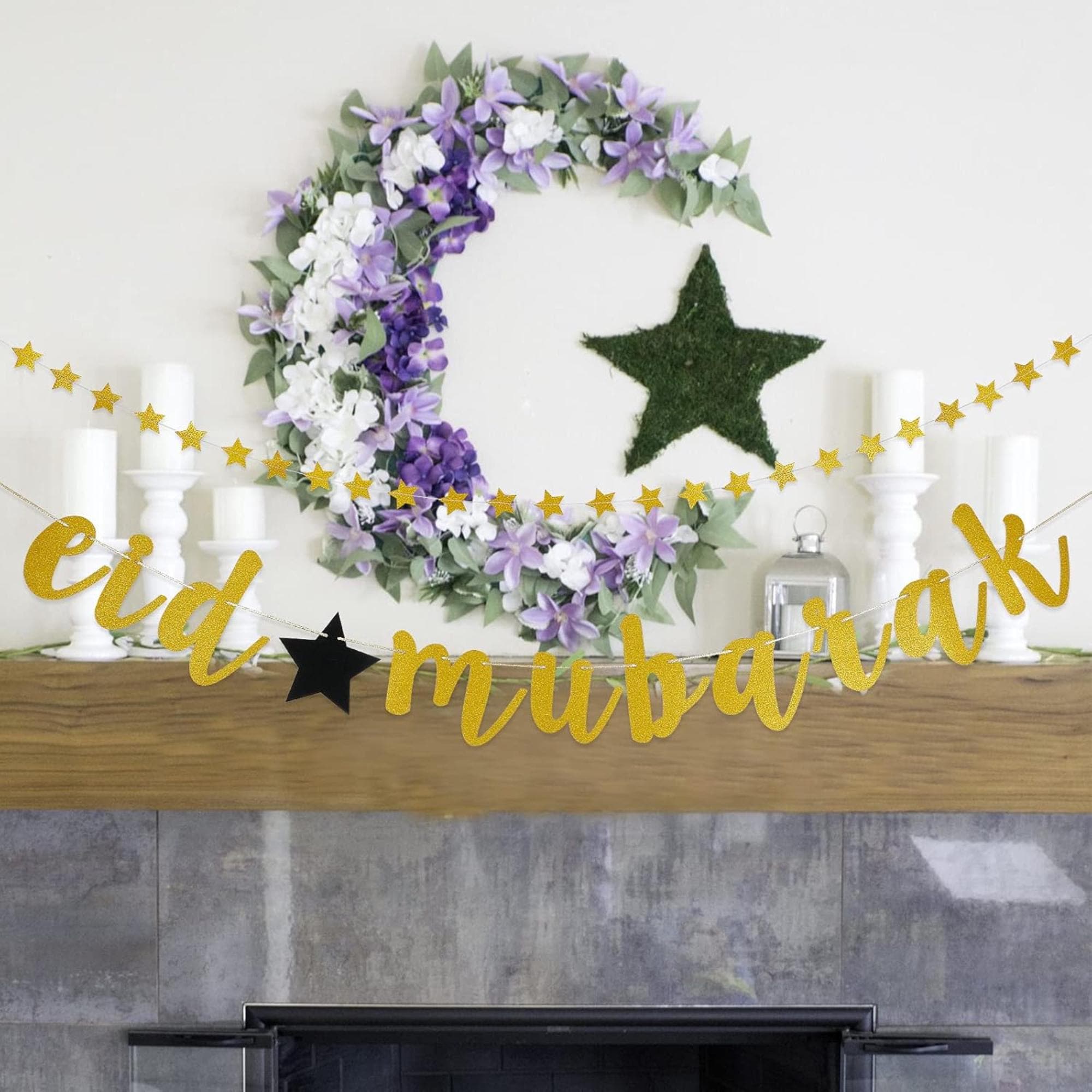Gold Eid Mubarak Banner with Star Garland - Islamic Party Decor