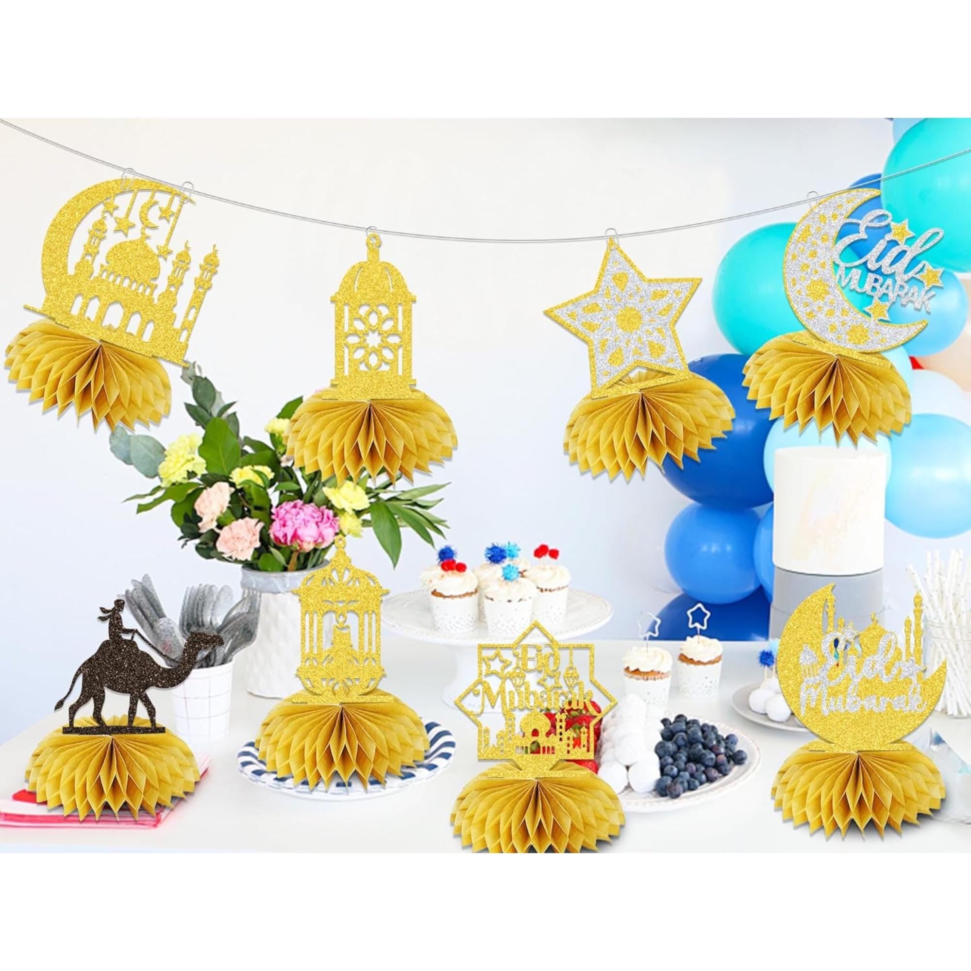 Eid Mubarak Honeycomb Centerpiece Decorations: Gold Glitter Islamic Party Table Decor
