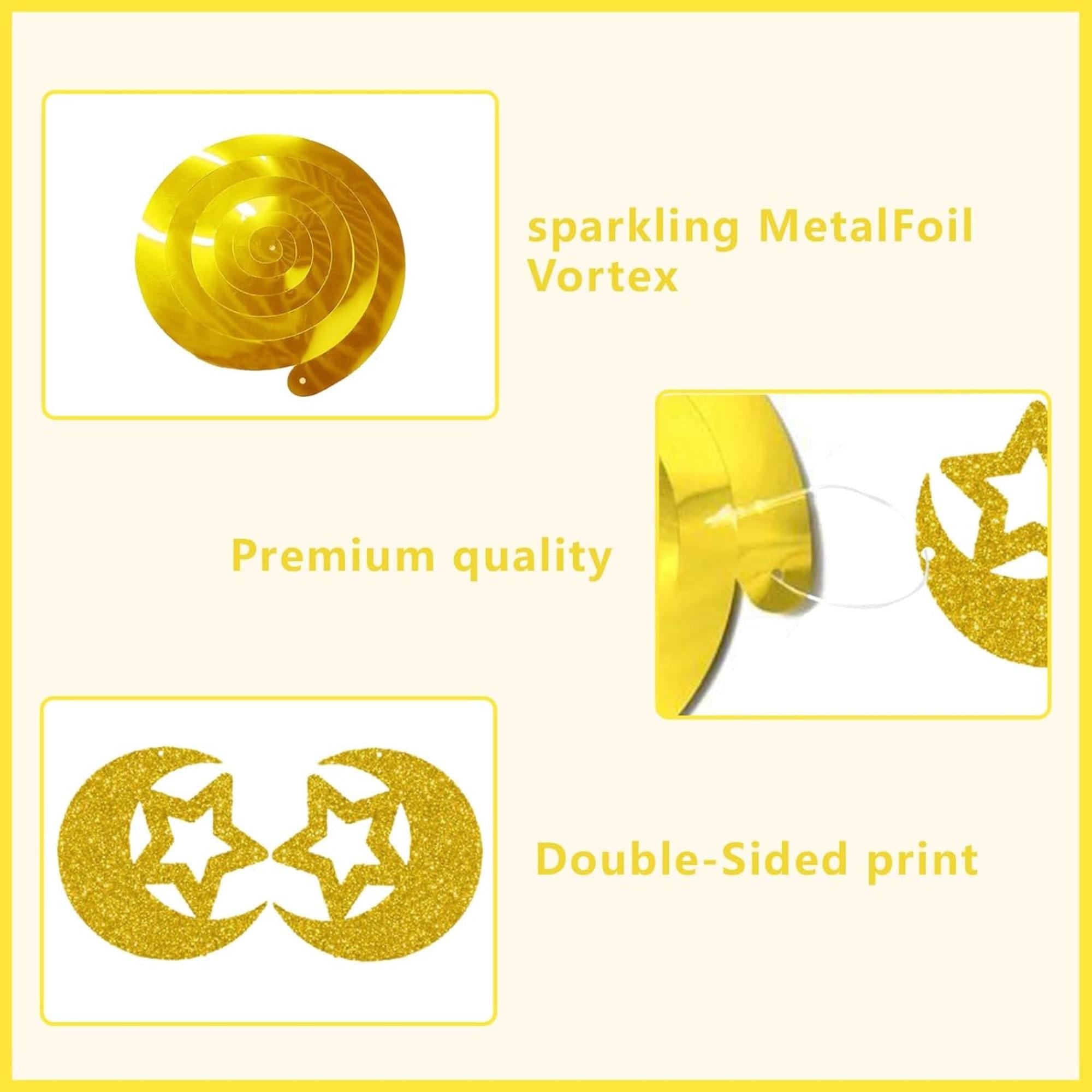 Gold Glitter Eid Mubarak Hanging Swirls: Star, Moon, Lantern Islamic Party Decor