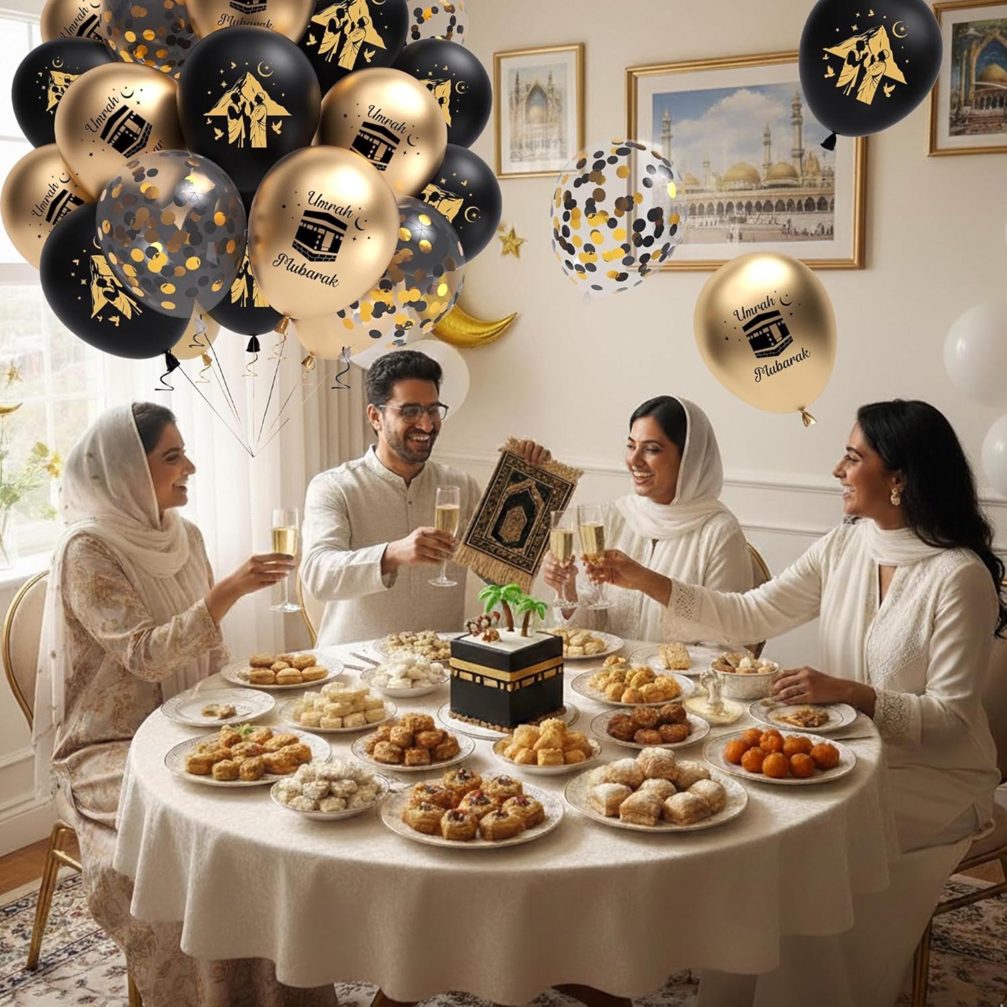 Umrah Mubarak Black Gold Balloons, Islamic Party Decorations, Hajj Celebration Latex Balloons
