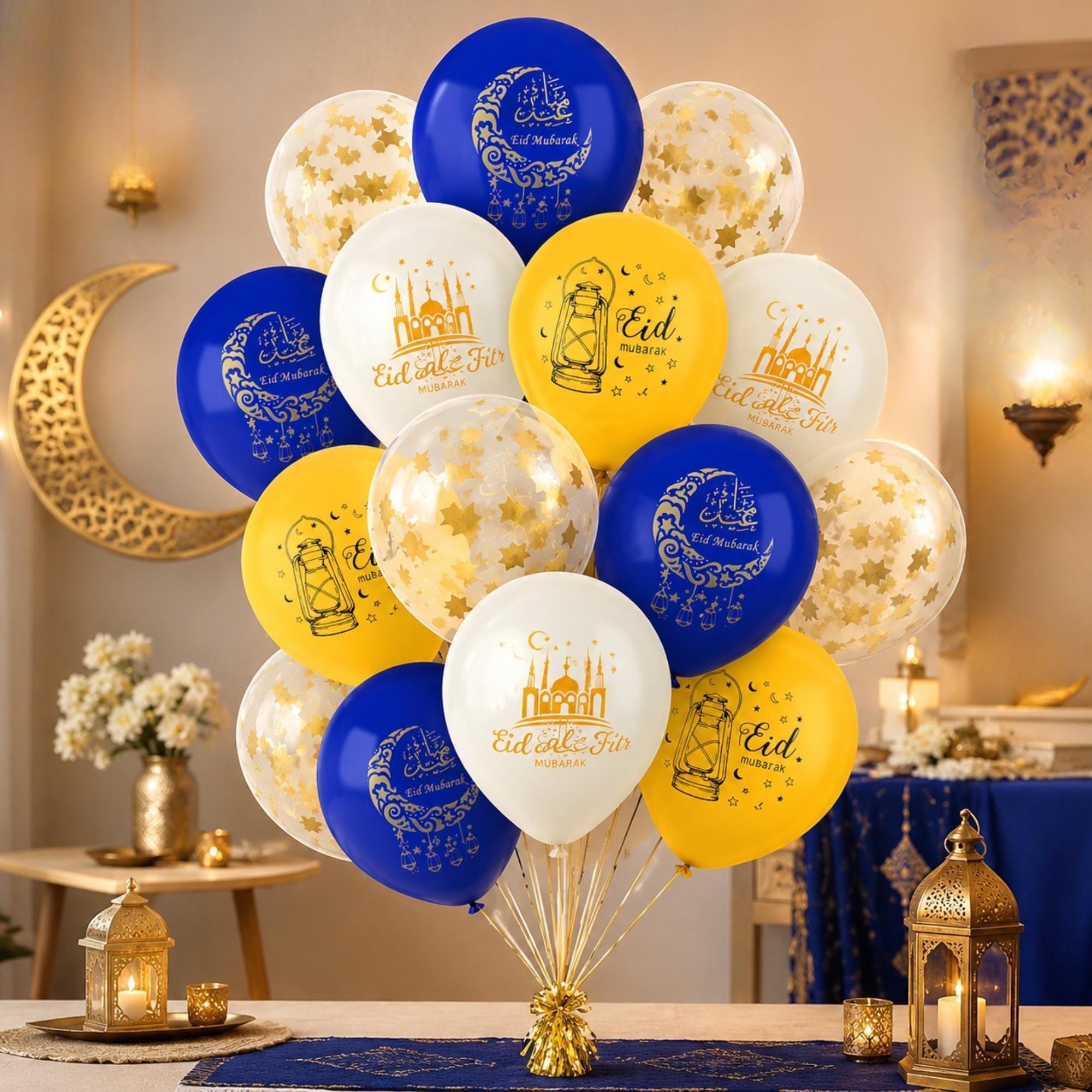 Eid Mubarak Blue White Gold Balloons: Islamic Party Decorations, 12 Inch Latex Set