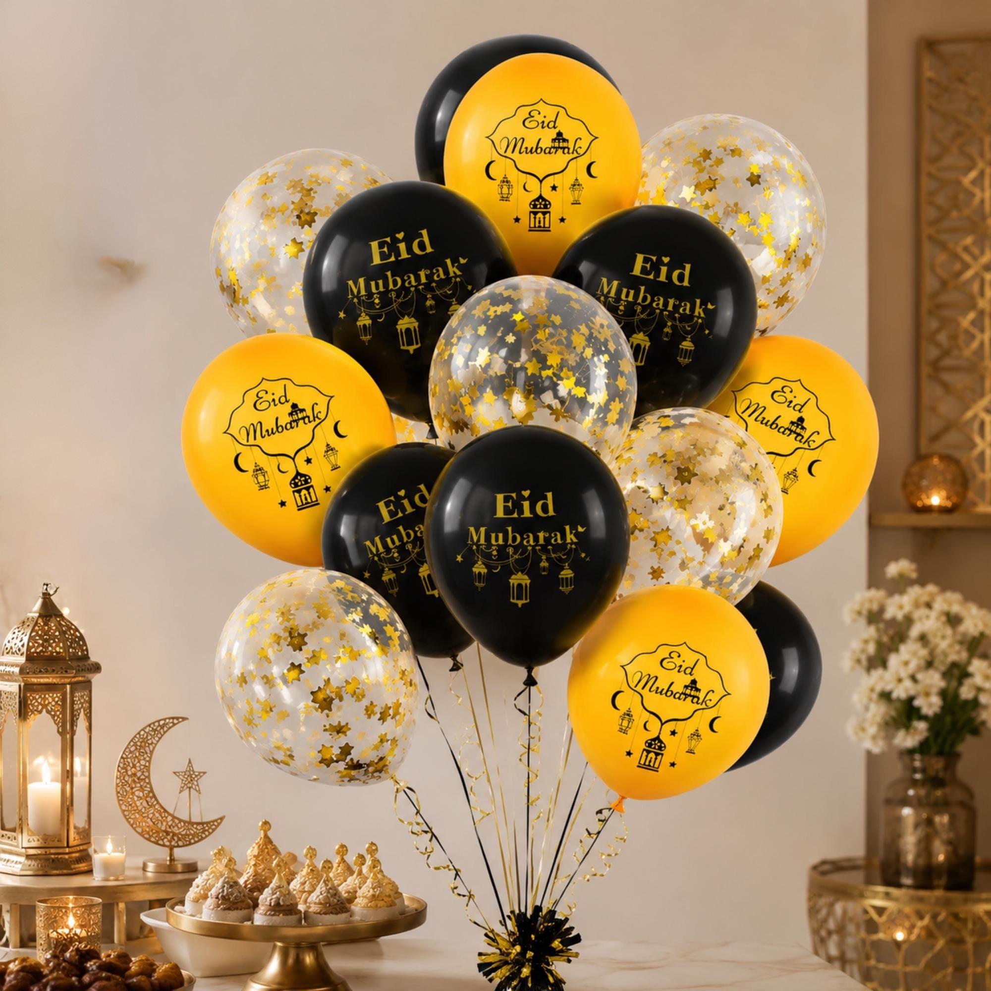 Eid Mubarak Black Gold Balloons – 12 Inch Latex Party Decorations