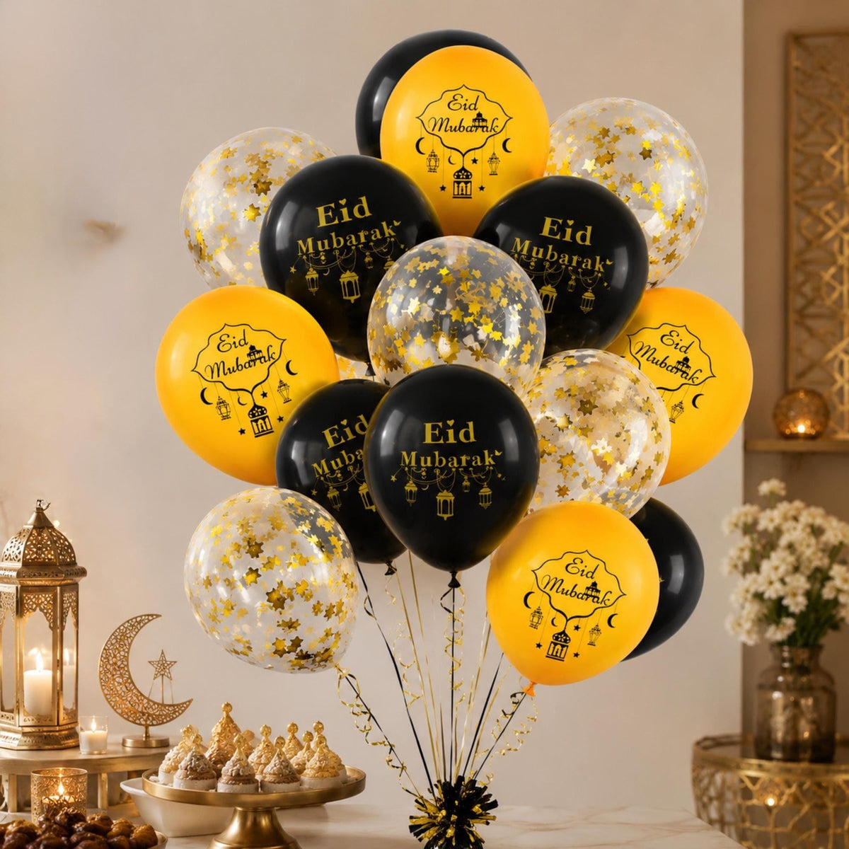 Eid Mubarak Black Gold Balloons – 12 Inch Latex Party Decorations
