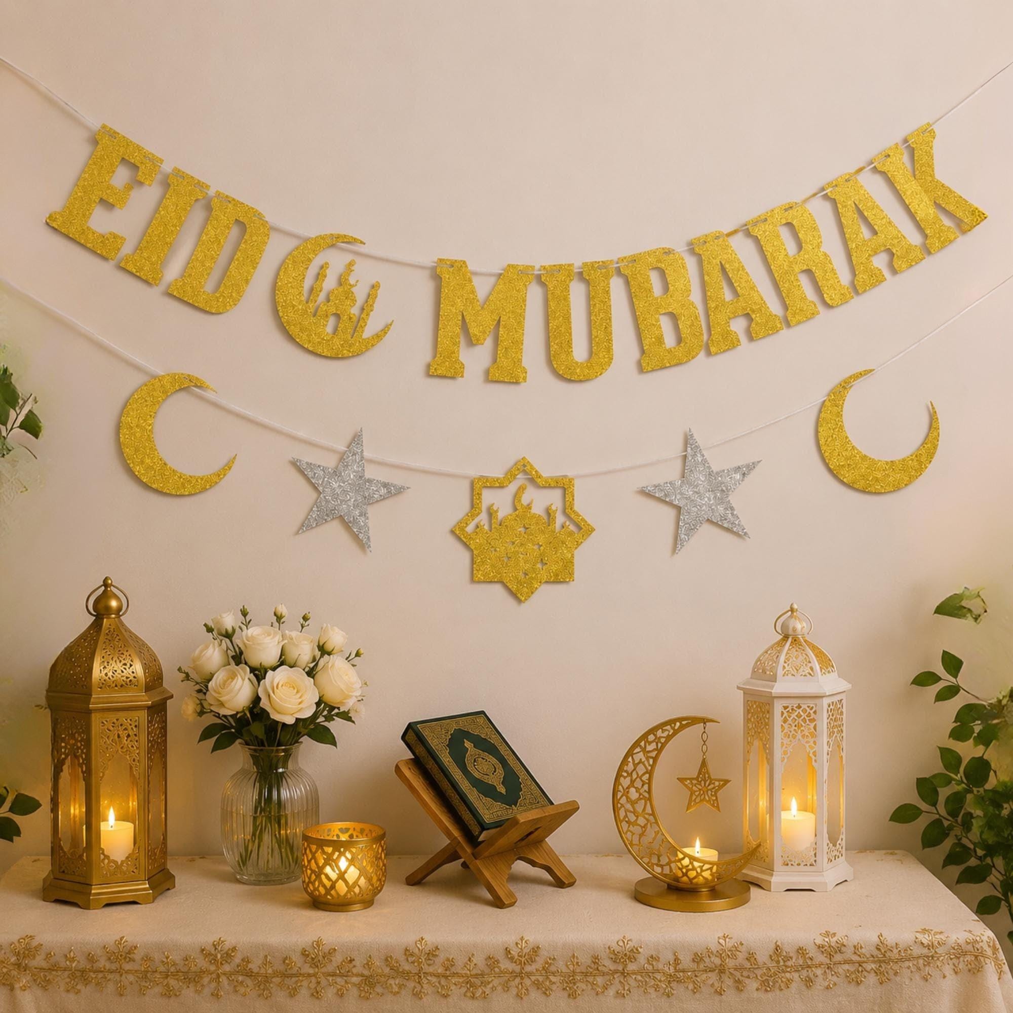Gold Glitter Eid Mubarak Banner Islamic Festival Party Decorations