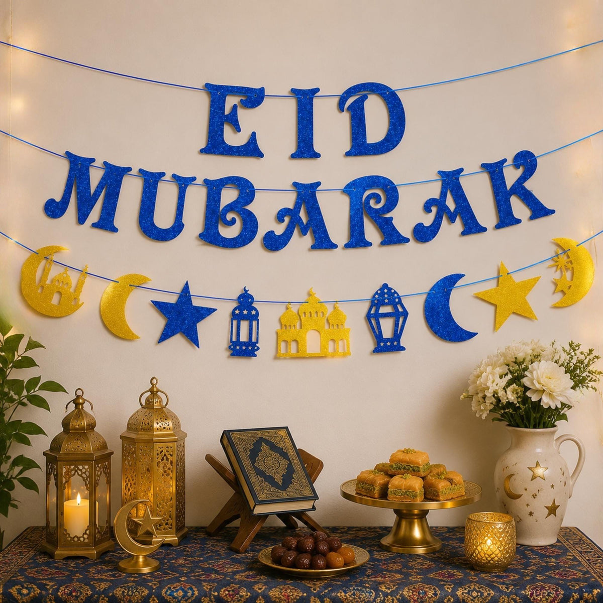 Eid Mubarak Bunting Banner Moon Star Islamic Home Party Decorations