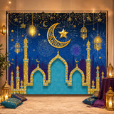 Eid Mubarak Photography Backdrop: Blue Arabian Night Castle Lanterns, Islamic Party Decor