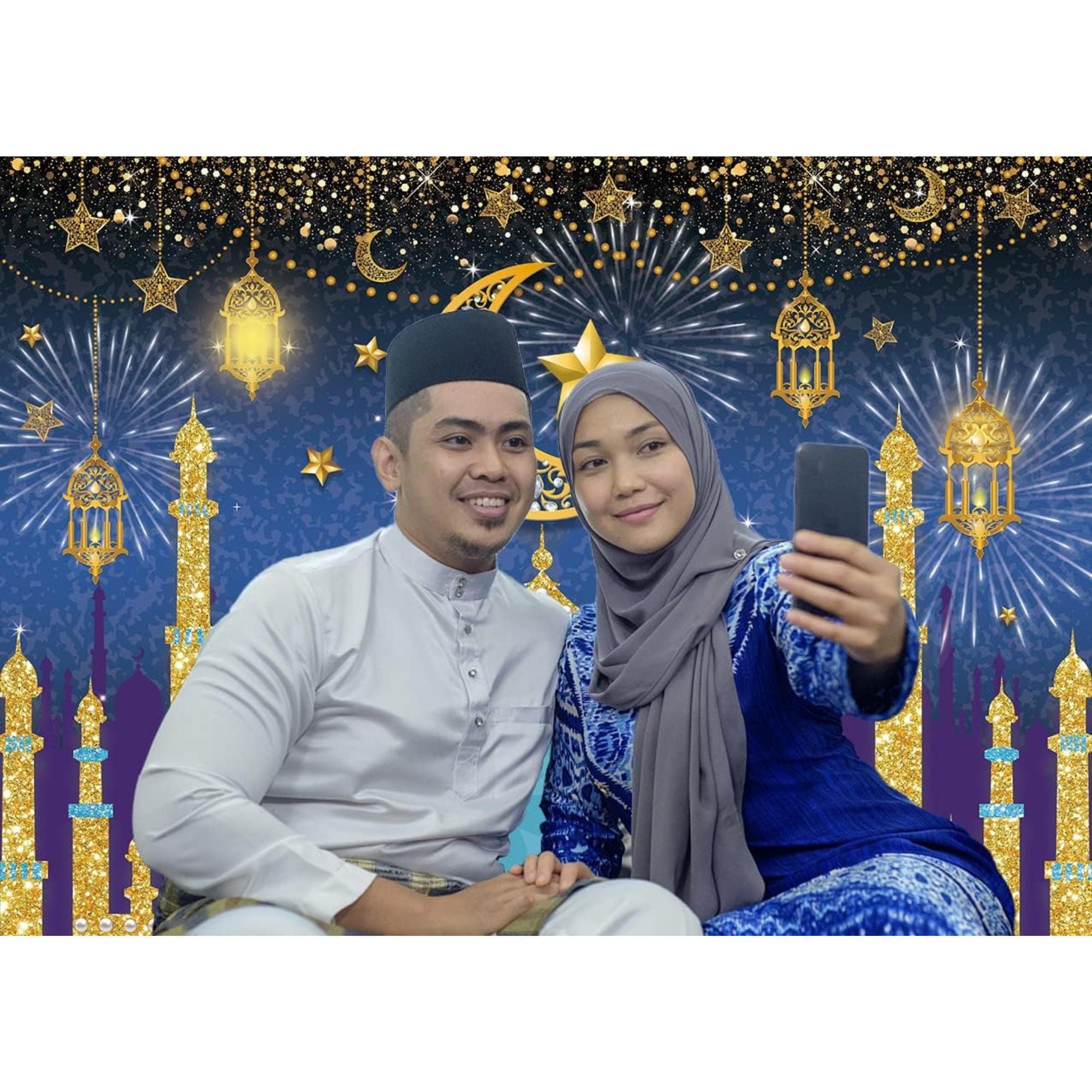 Eid Mubarak Photography Backdrop: Blue Arabian Night Castle Lanterns, Islamic Party Decor