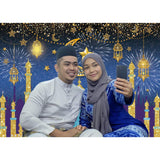 Eid Mubarak Photography Backdrop: Blue Arabian Night Castle Lanterns, Islamic Party Decor