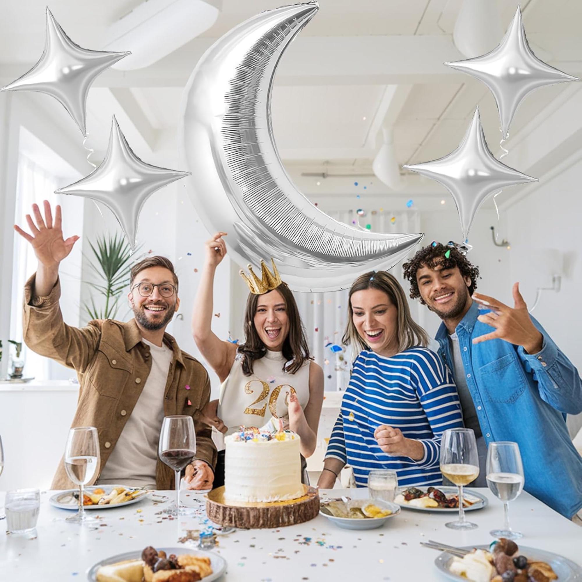 Silver Moon Star Foil Balloons – Celestial Party Decor, Baby Shower, Birthday