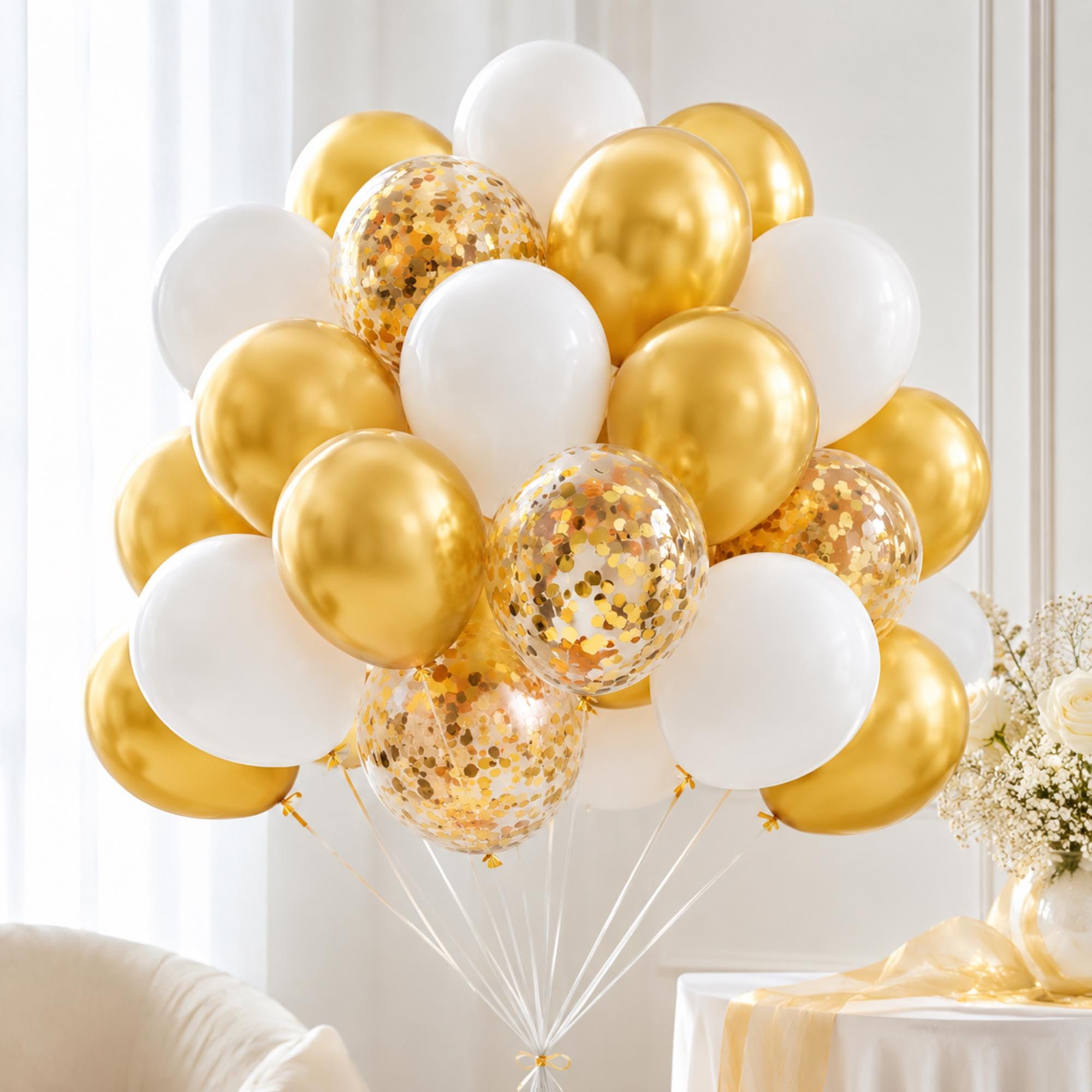 White Gold Confetti Balloons for Eid Ul Adha Party Decorations