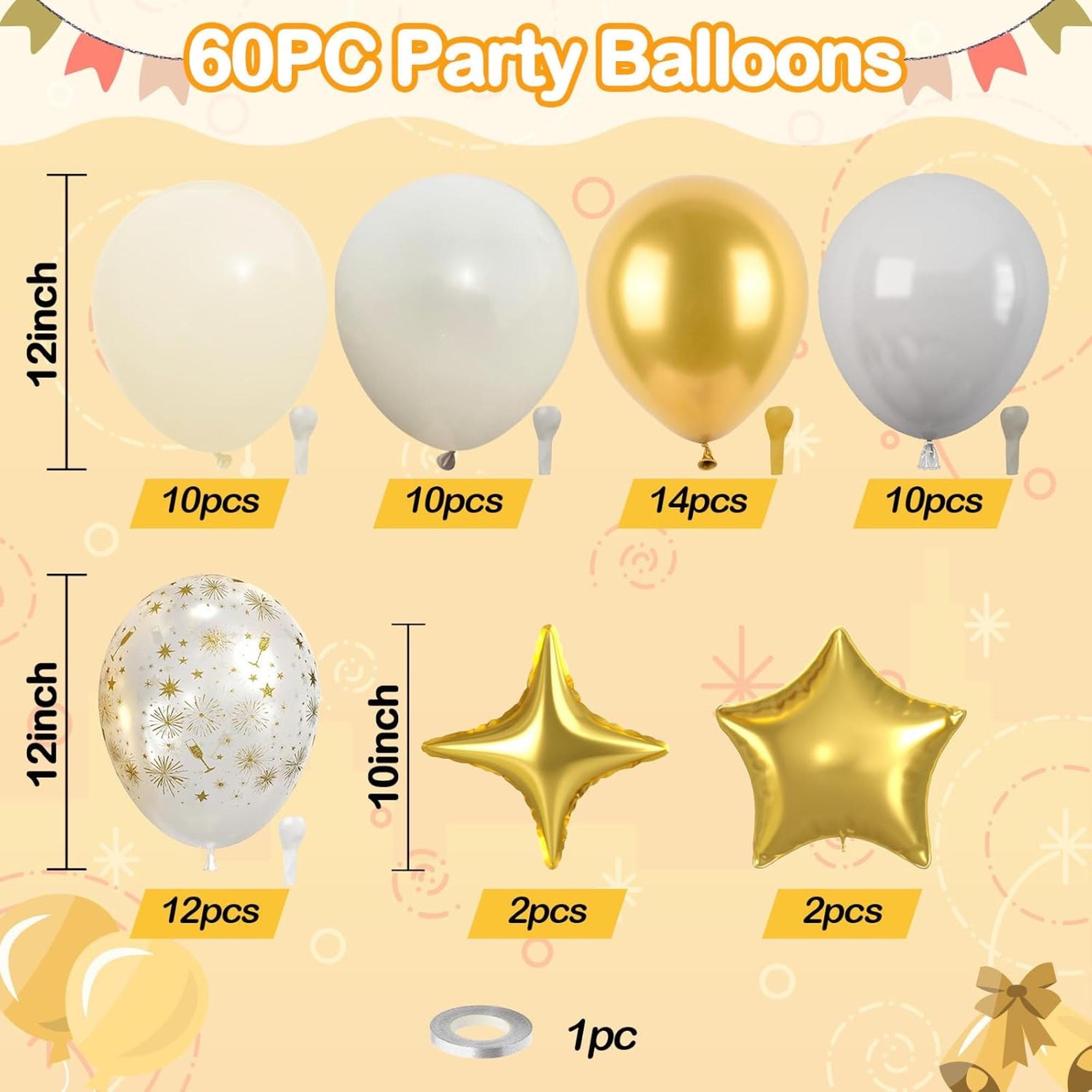 Eid Ul Adha Party Balloons: White, Gold, Grey with Firework & Star Foil Accents