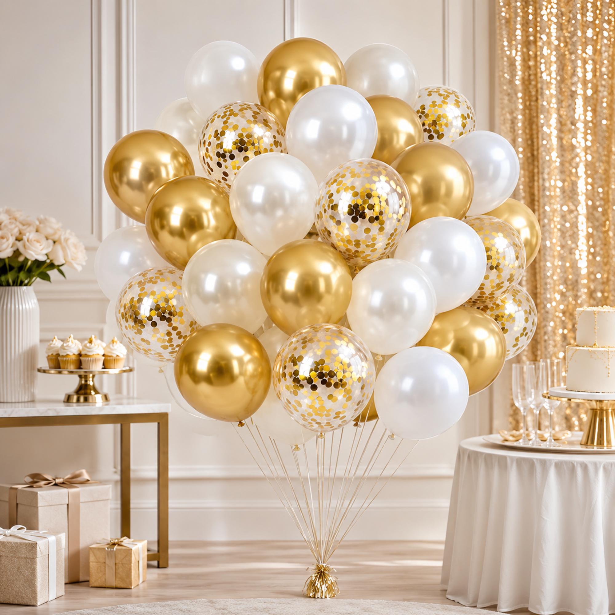 60PCS White Gold Balloon Kit Pearl Metallic Confetti Balloons with Ribbon
