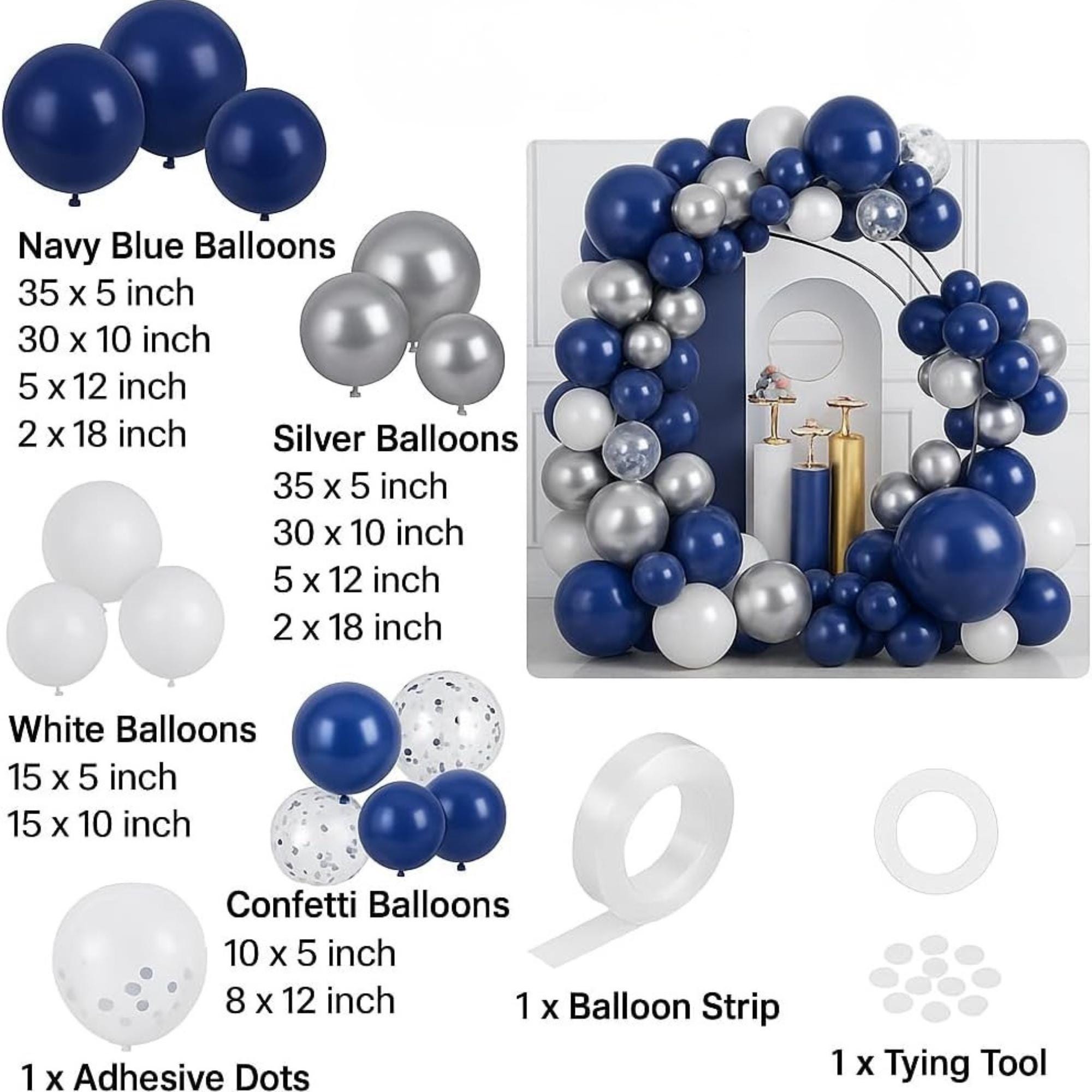 195 Pcs Navy Blue, Silver, White, Confetti Balloons Arch Kit