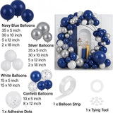 195 Pcs Navy Blue, Silver, White, Confetti Balloons Arch Kit