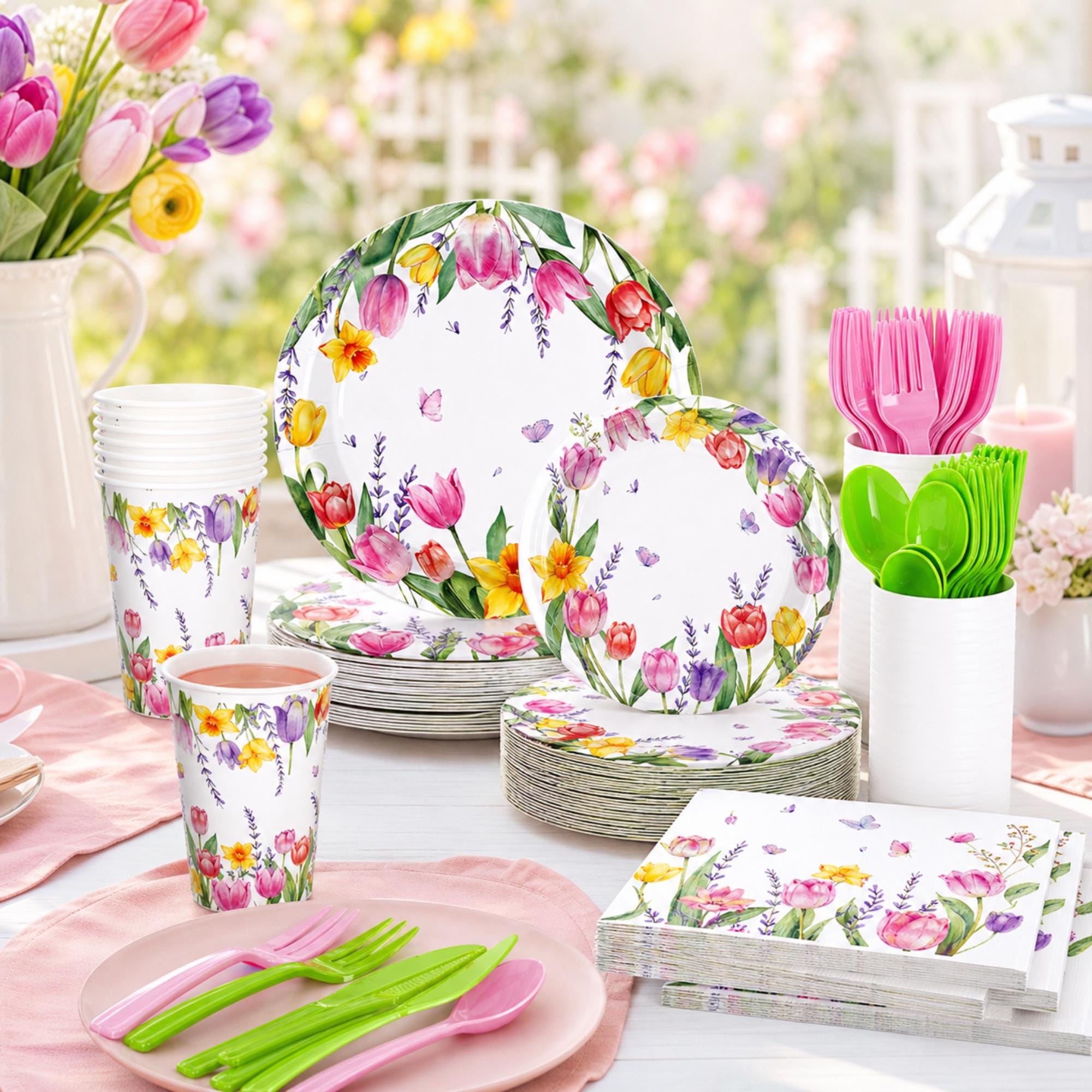 Tulip Butterfly Tableware Set for 50 Guests, Mother's Day Party Supplies