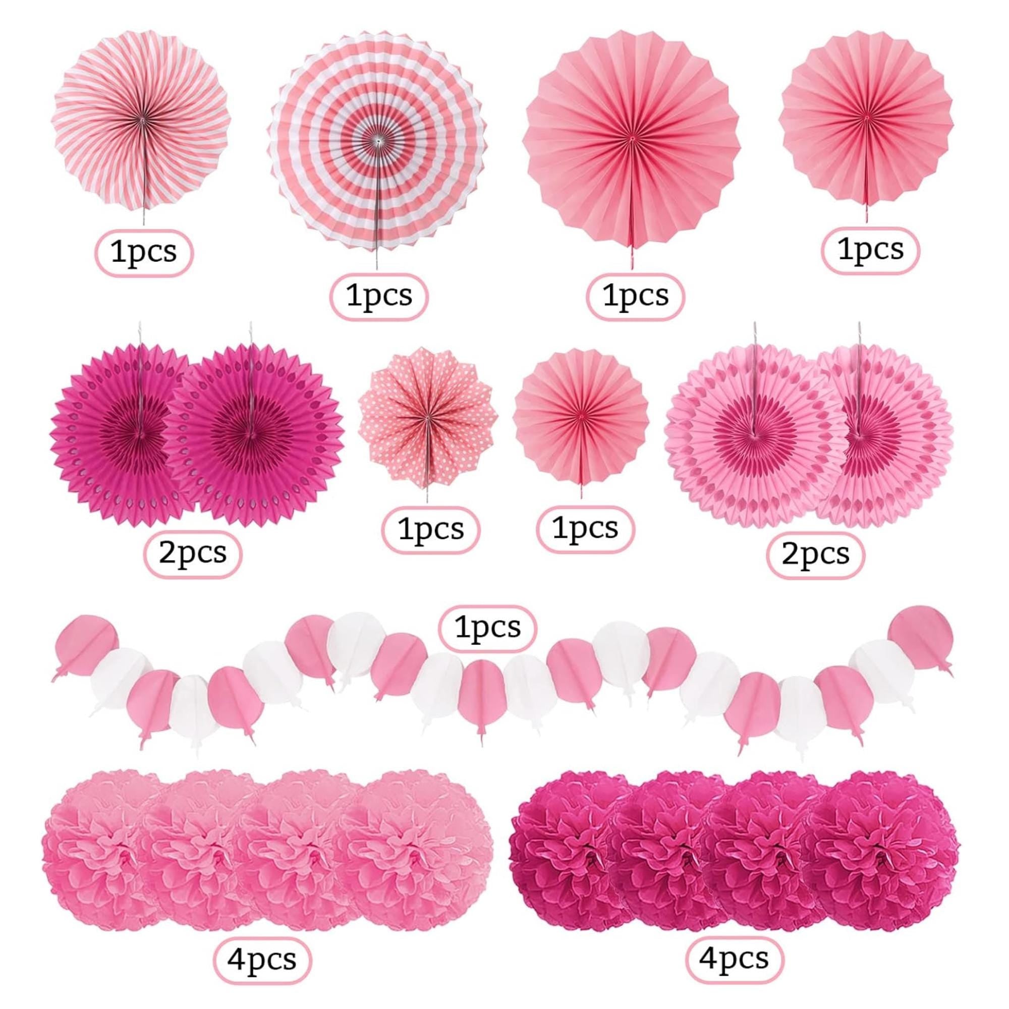 Pink Paper Fans, Pom Poms, Garlands for Parties, Weddings, Birthdays