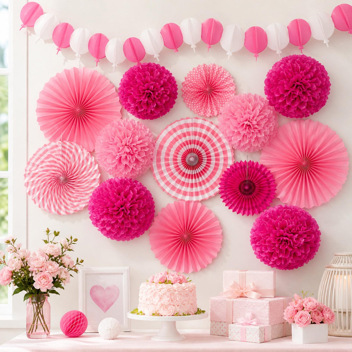 Pink Paper Fans, Pom Poms, Garlands for Parties, Weddings, Birthdays