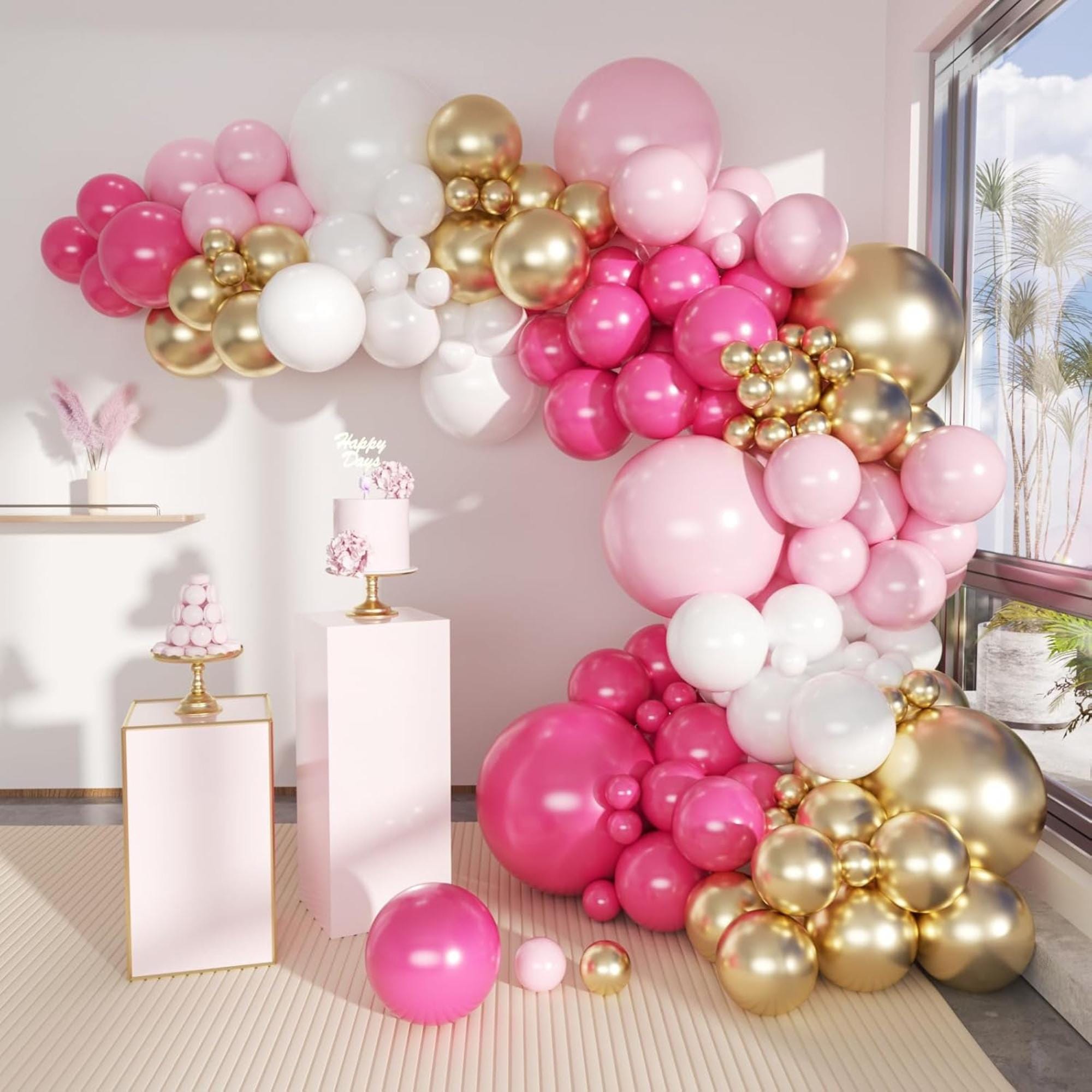 Gold Rose Pink White Balloon Arch Kit, Elegant Party Decorations