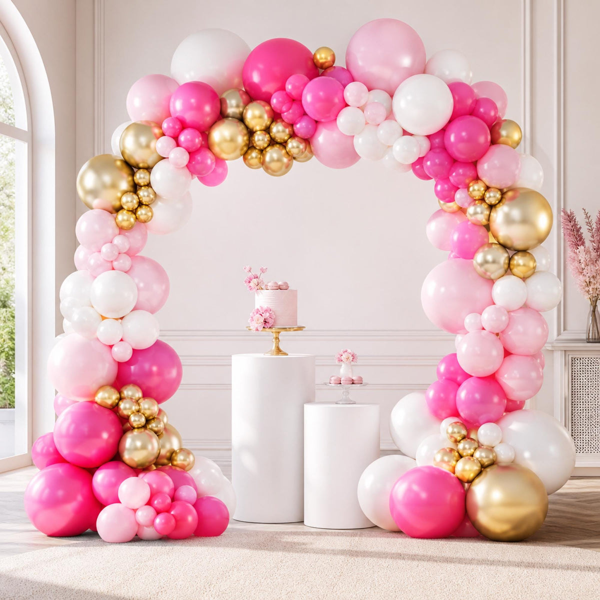 Gold Rose Pink White Balloon Arch Kit, Elegant Party Decorations