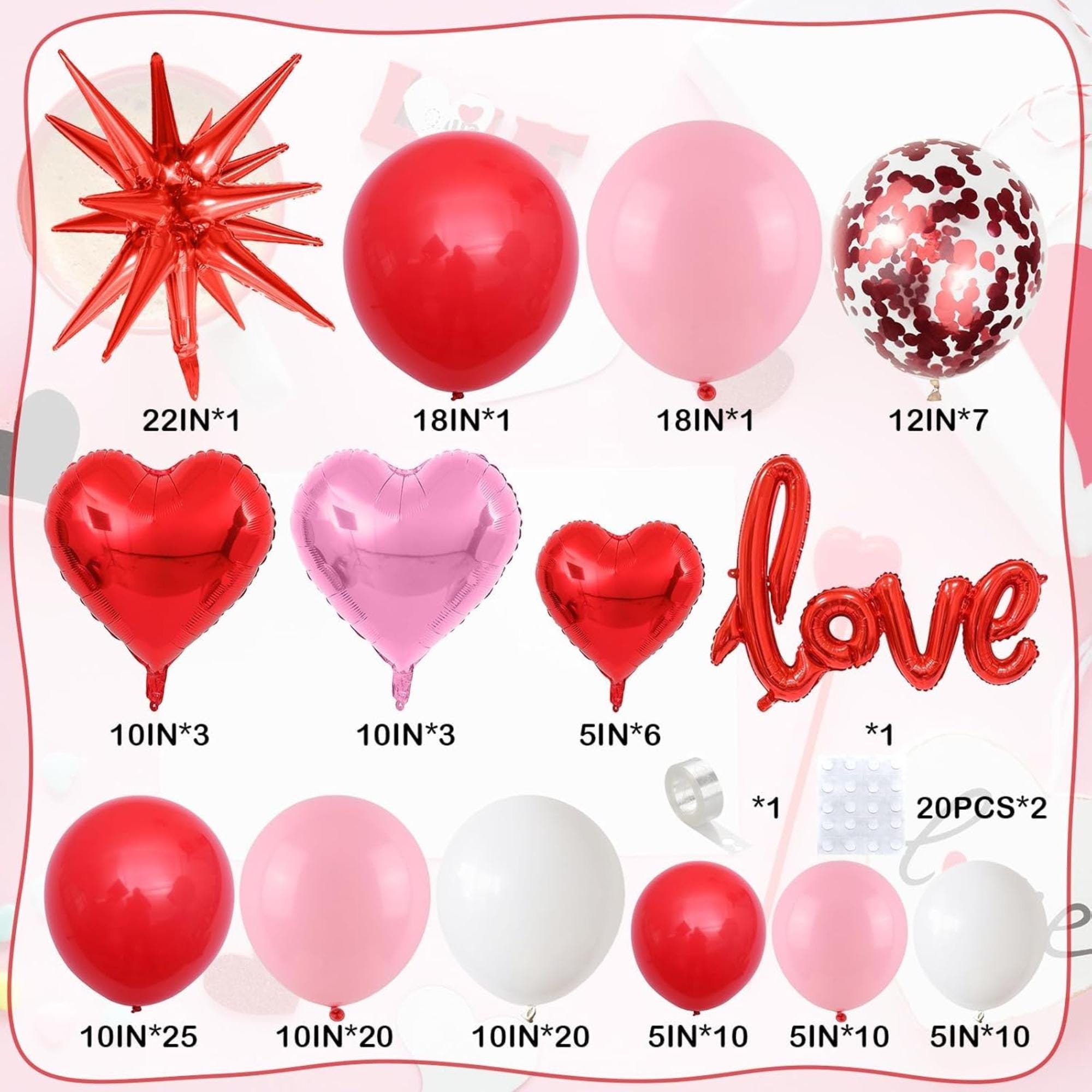 Red Balloon Arch Kit, Hearts, Stars, LOVE Letters, Mother's Day Party Decorations