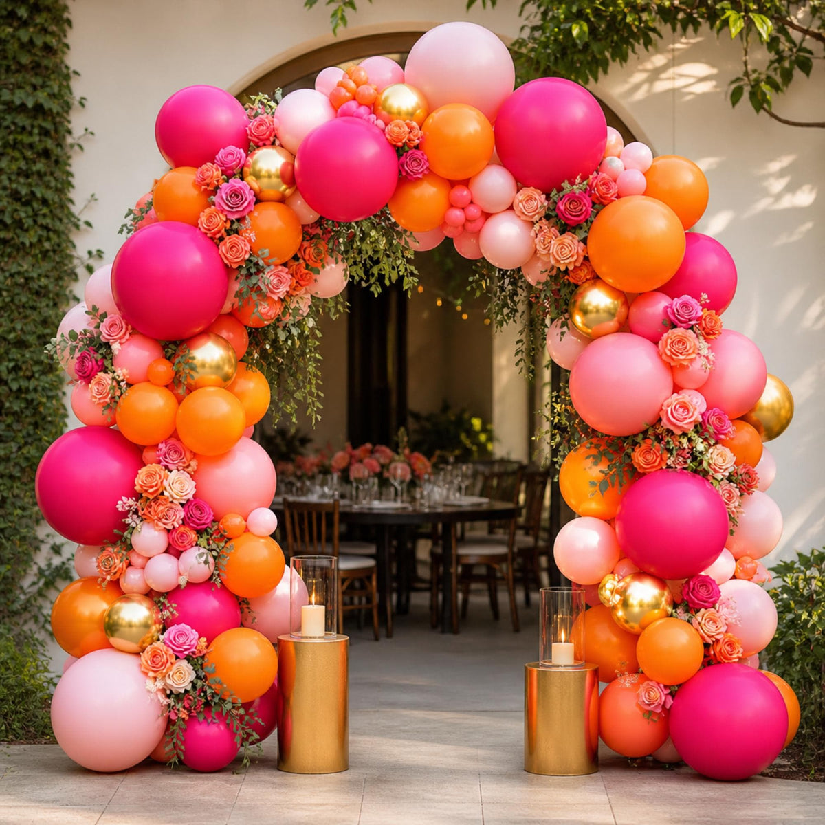Pink Orange Balloon Arch Kit, Double Stuffed Garland, Tropical Party Decorations