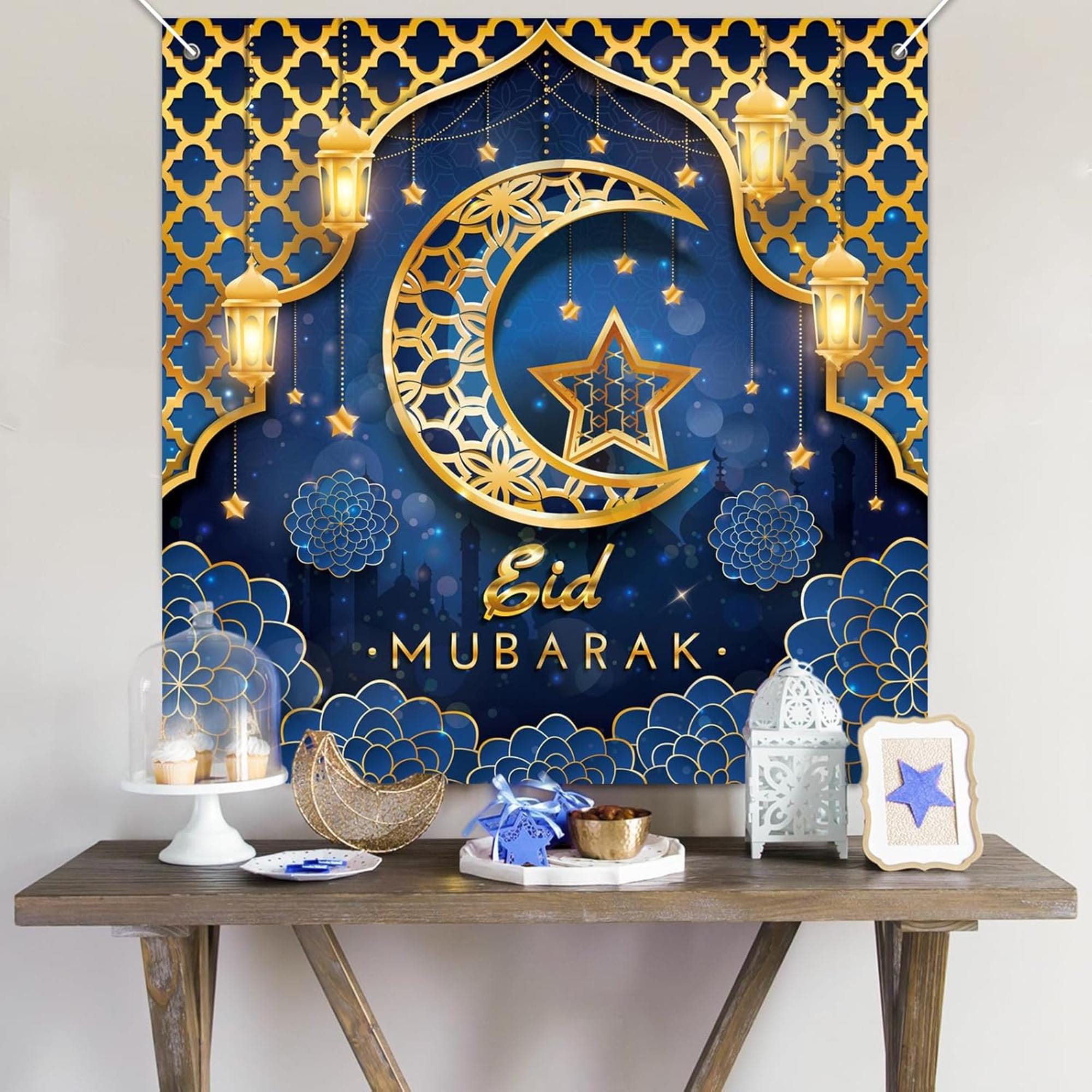 Eid Mubarak Blue Gold Balloon Arch Kit | Ramadan Party Decor Banner
