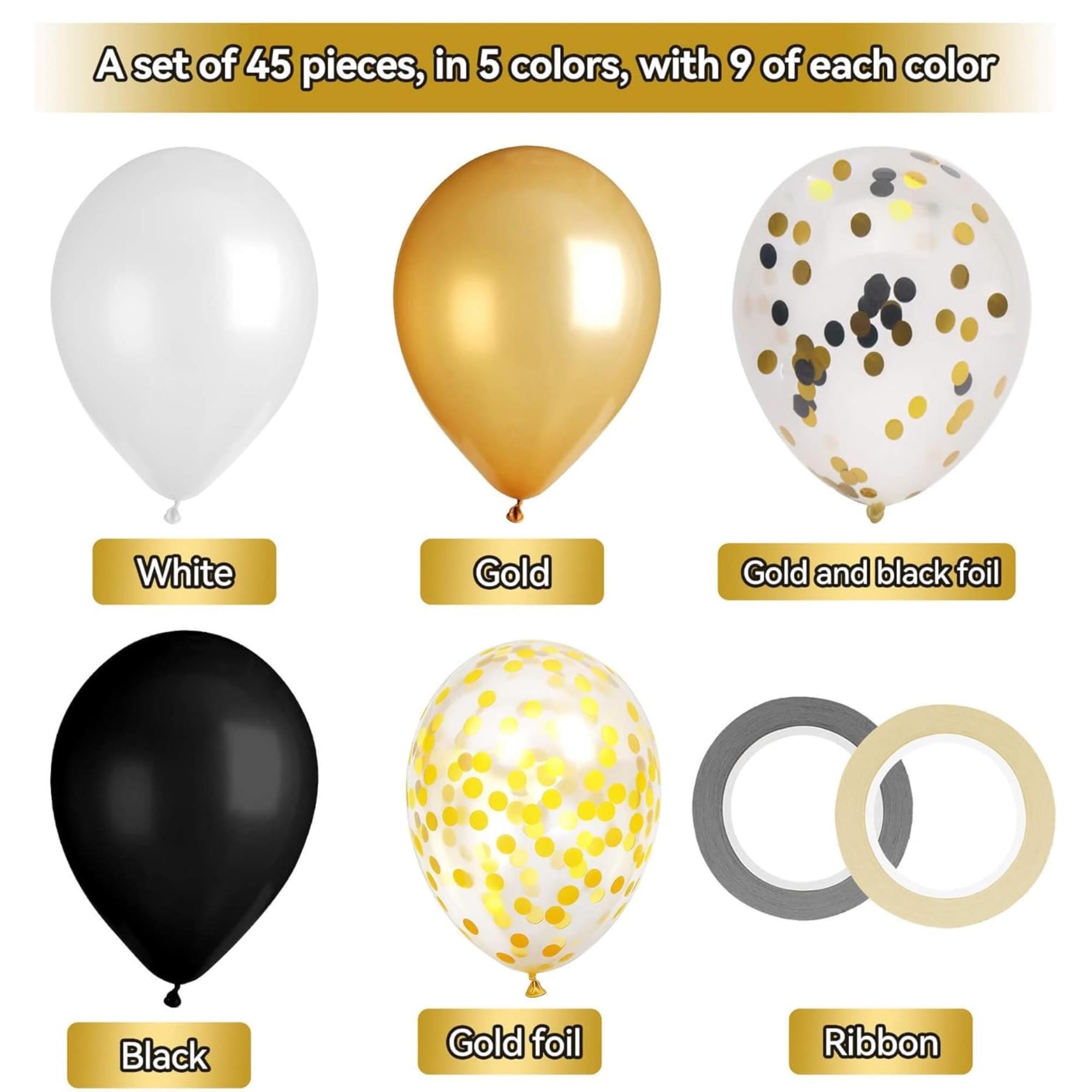 Black Gold White Balloons | 45 Pack Latex Party Decor