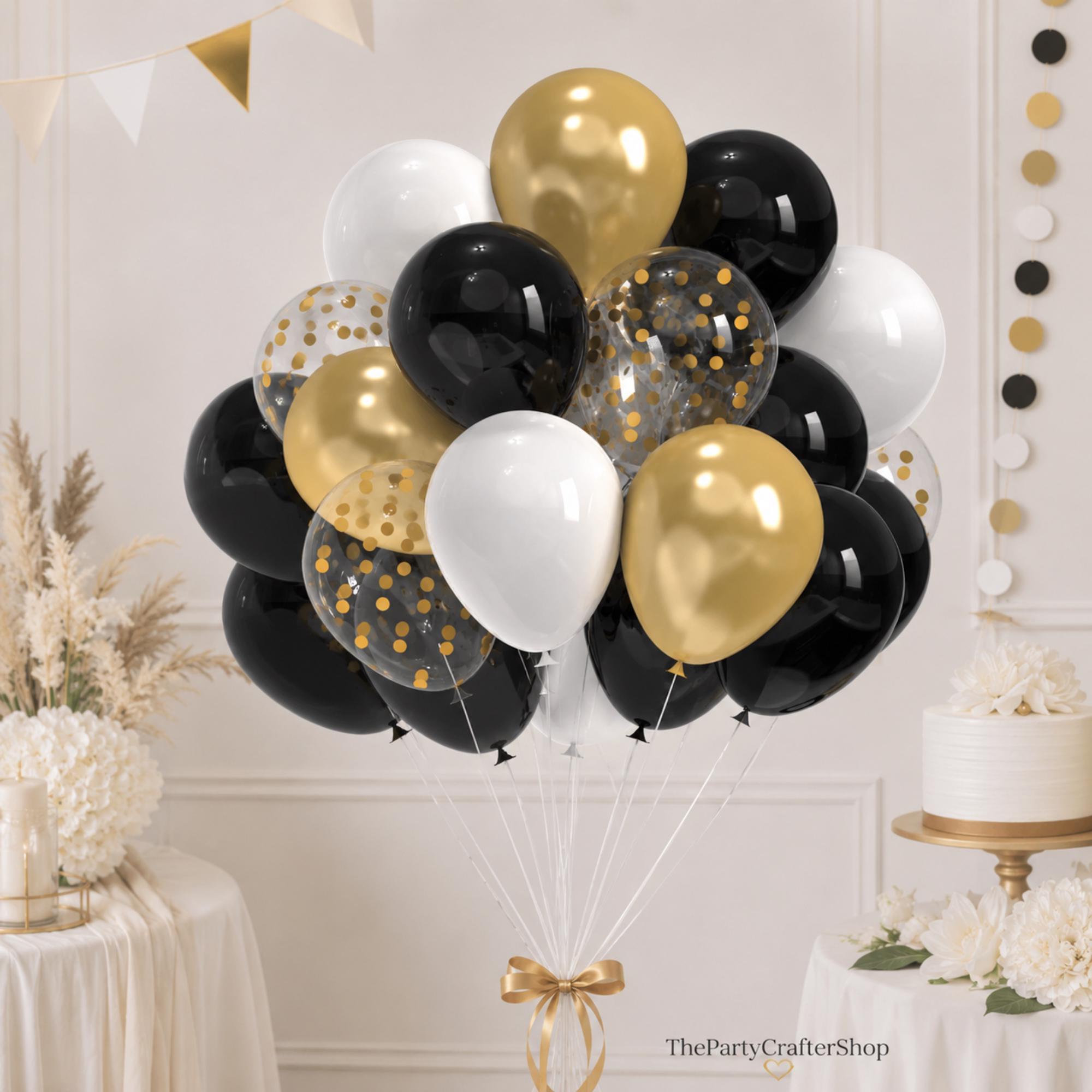 Black Gold White Confetti Balloons | 50 Pcs Latex Party Decor
