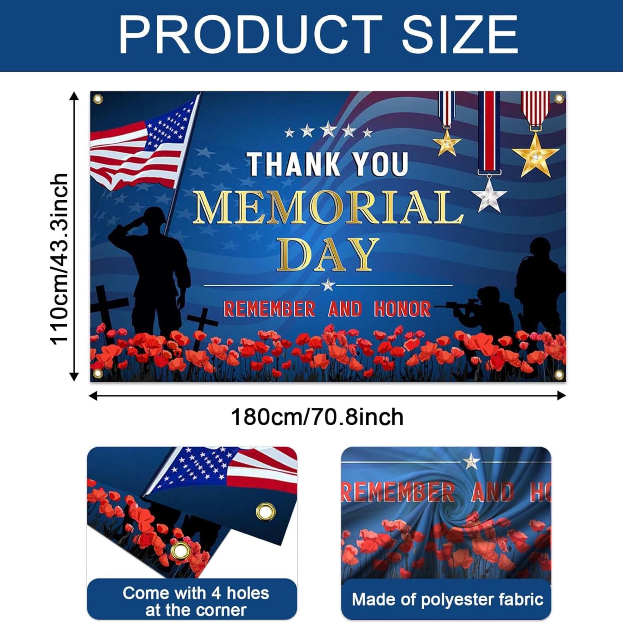 Memorial Day Backdrop Banner, Patriotic Poppy Photo Background, Remembrance Decor
