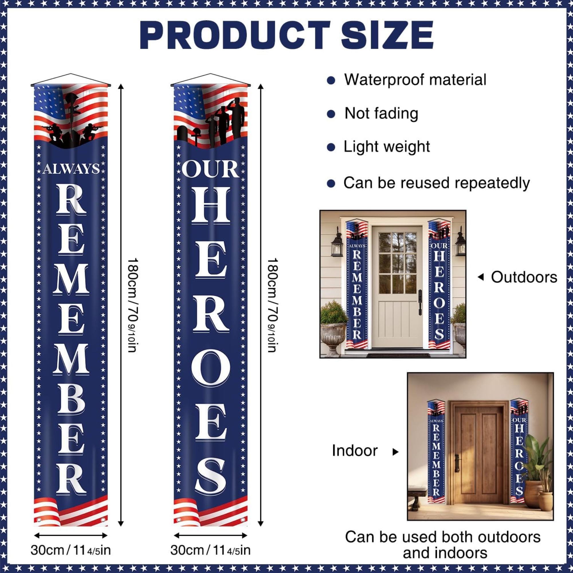 Memorial Day Porch Banner, Always Remember Heroes, Red White Blue Door Decoration