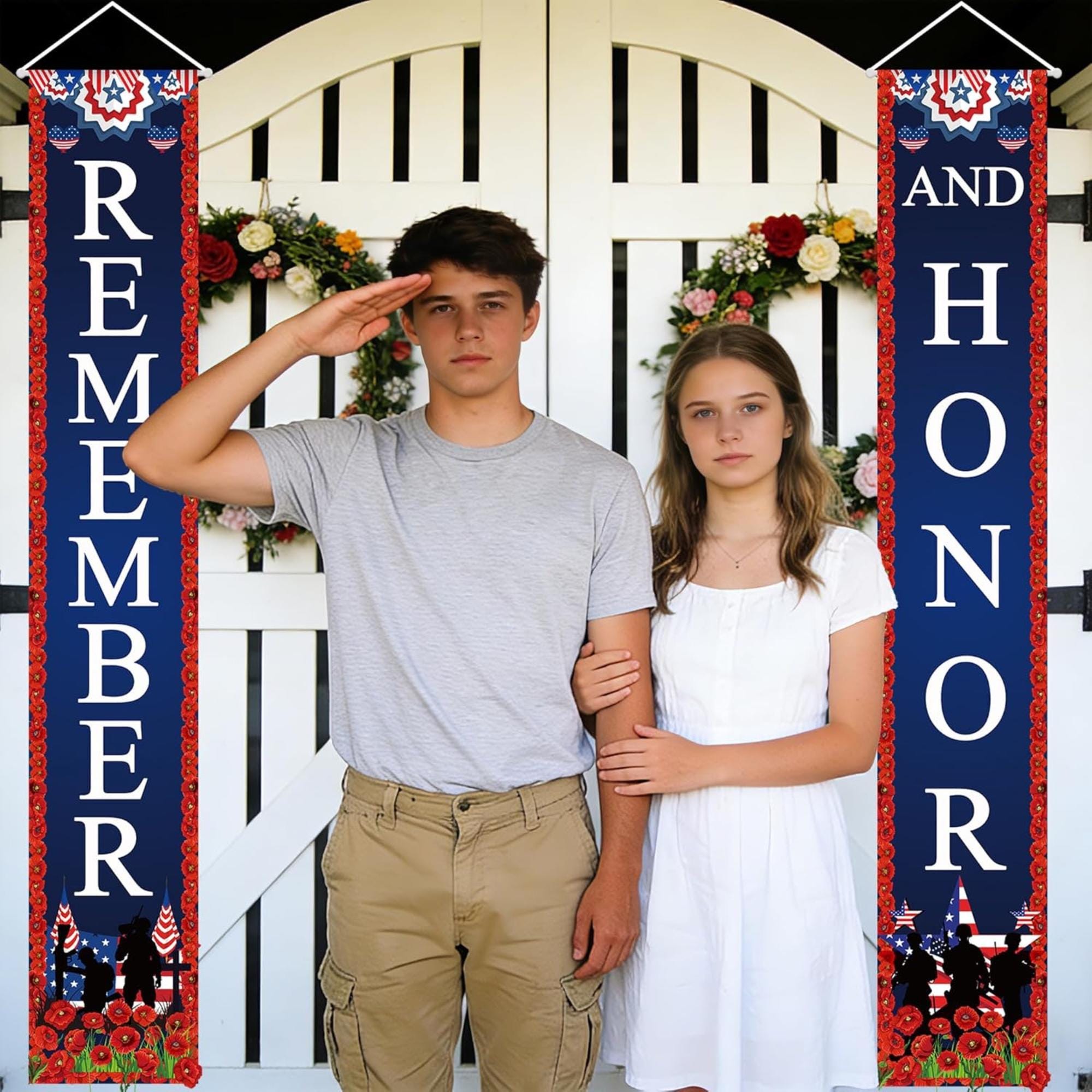 Remember Honor Memorial Day Porch Banners, Patriotic Poppies Door Signs
