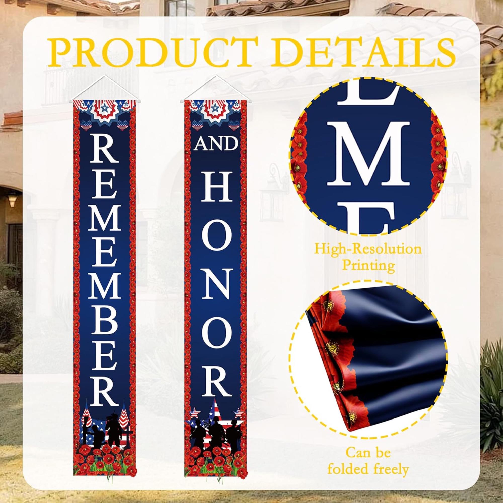 Remember Honor Memorial Day Porch Banners, Patriotic Poppies Door Signs